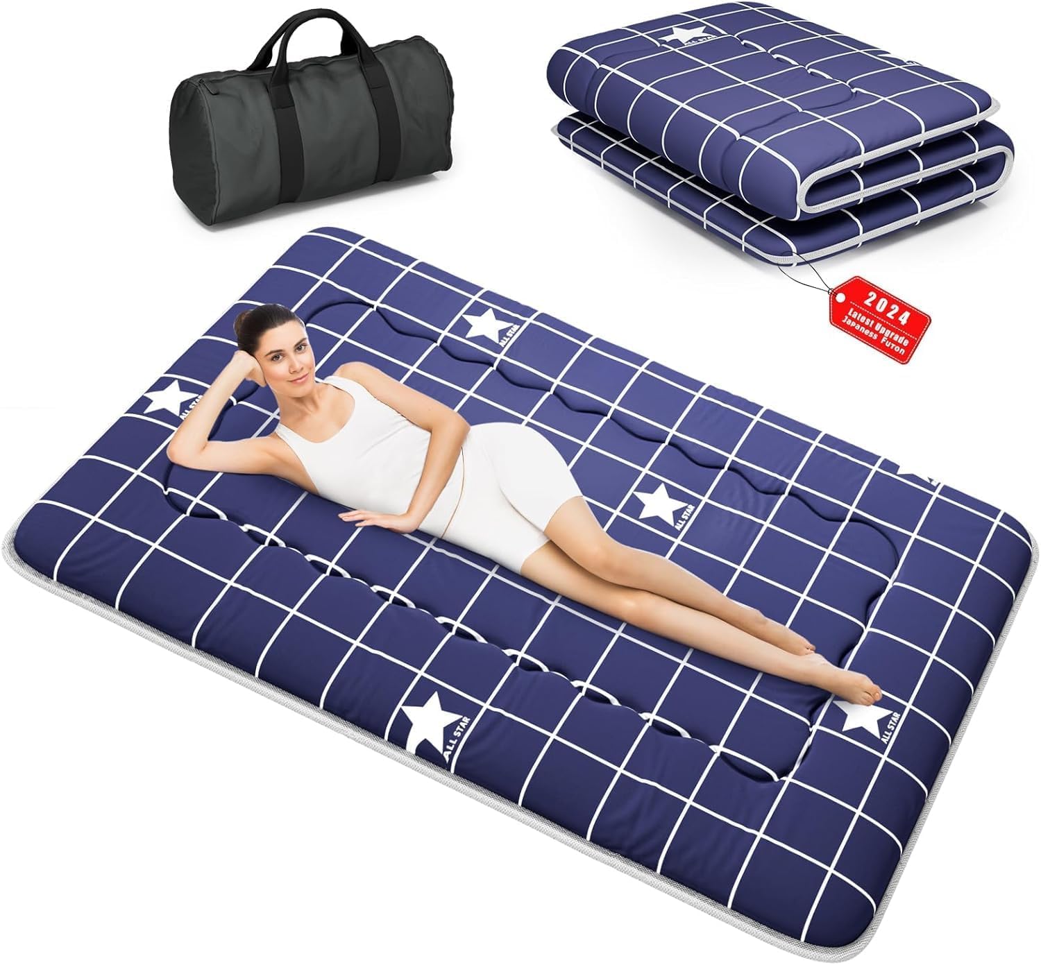 Kiseely Materasso futon giapponese, tatami, pieghevole, portatile, per dormitorio, con borsa e cinghie, materasso da pavimento, materasso da campeggio arrotolabile (Blue Star Y1, 120 x 200 cm)