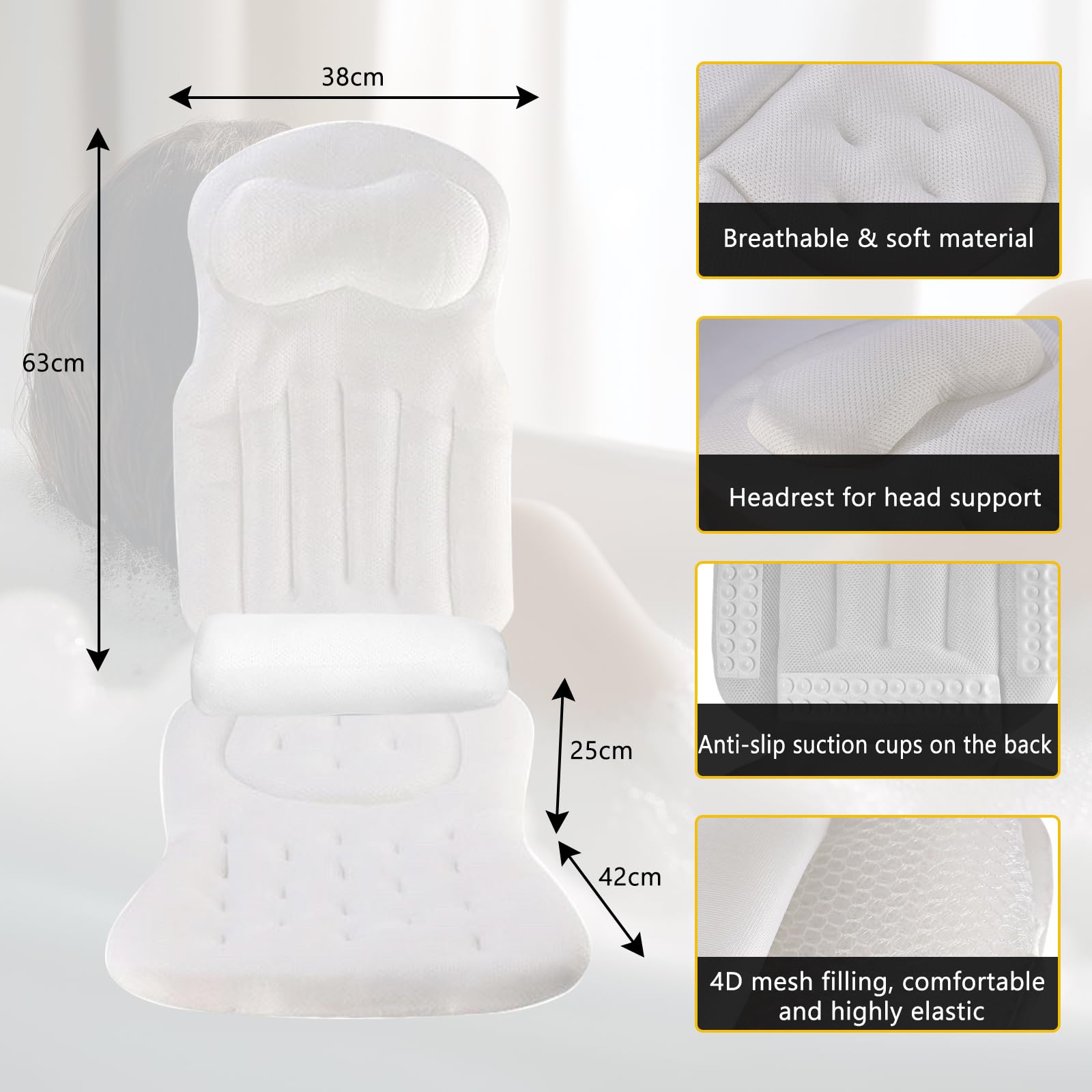 Ganzkörper Badewannenkissen für die Badewanne, Sprudelmatte Badewanne mit Kopfstütze und Lendenwirbelstütze, Badesofa Badewannenkissen mit SaugnäPfen und Hängehaken(Weiß)
