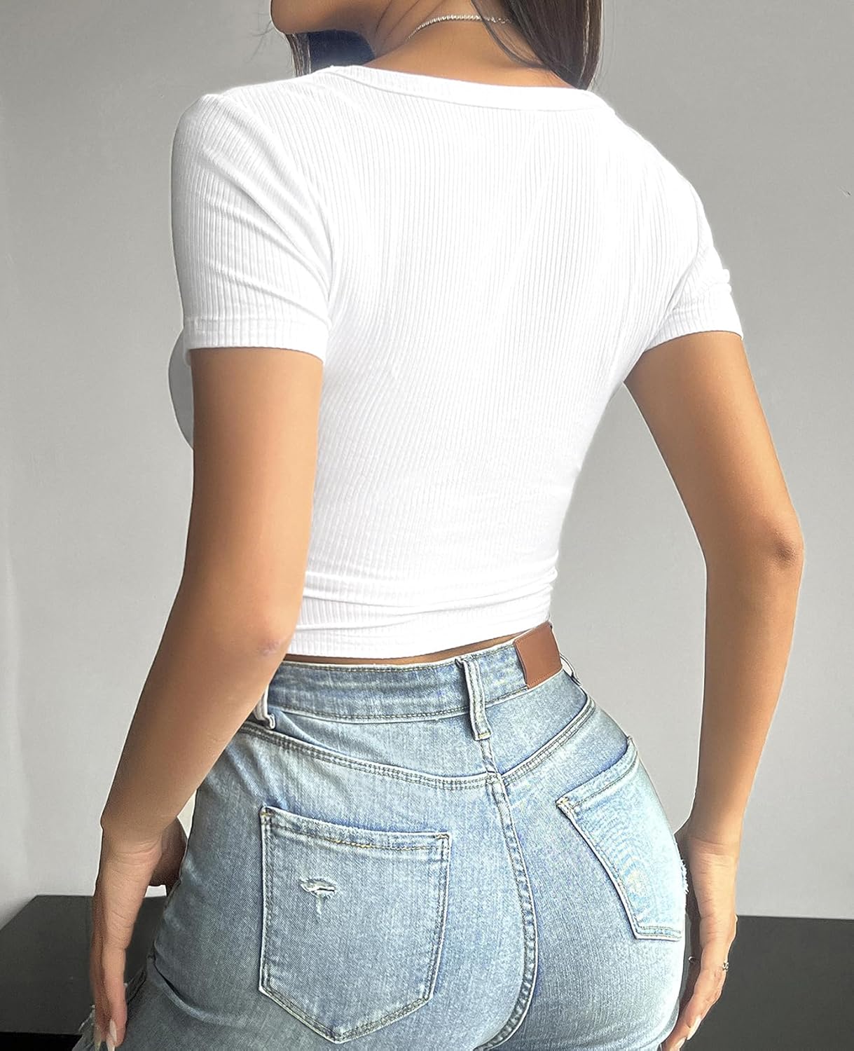 DJT Womens Square Neck Going Out Crop Tops Ribbed Knit Short Sleeve Slim Fit T Shirts Y2K Summer Basics Tees - Image 4