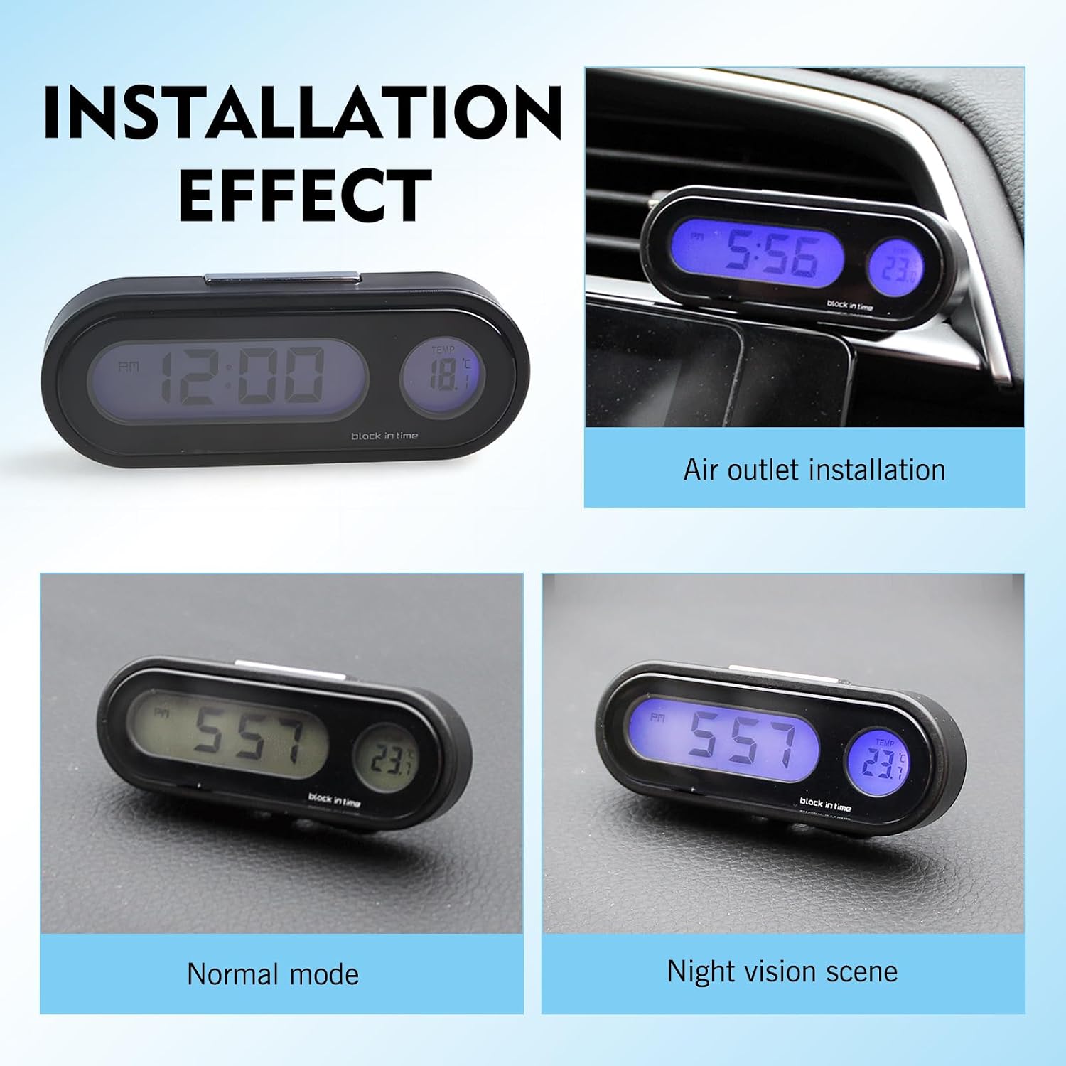 Car Clock, Glow-in-The-Dark HD LED Screen Clock with Fixing Base, 12/24 Hours Switching Temperature Display Design, Multi-Function Self-Adjustable No View Blocking Dashboard Watch (Black)