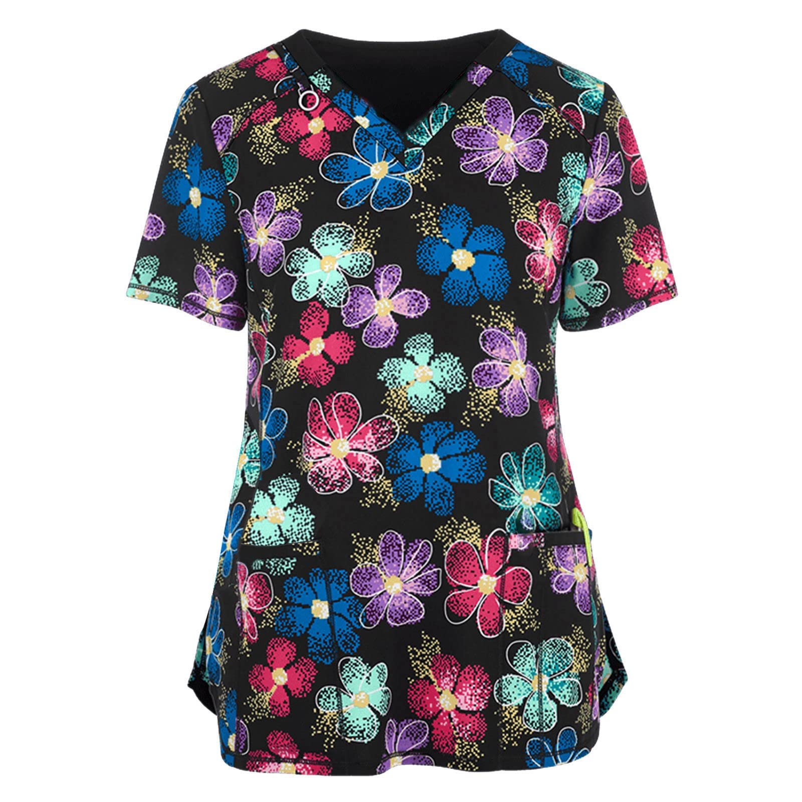 Scrub Tops Women,Plus Size Scrubs for Women Cute Floral Print Nurse Uniforms V Neck Gifts Short Shirt with Pockets