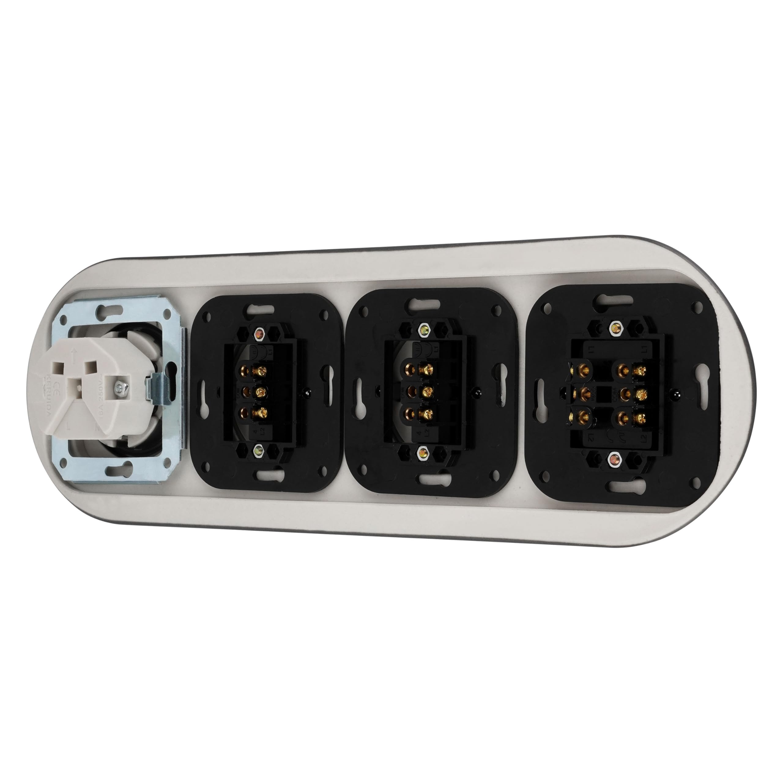 Unterputz Porzellan Retro Steckdose, Schalter, 4-fach, All-in-One, SET Serie PR1 dunkelgrau