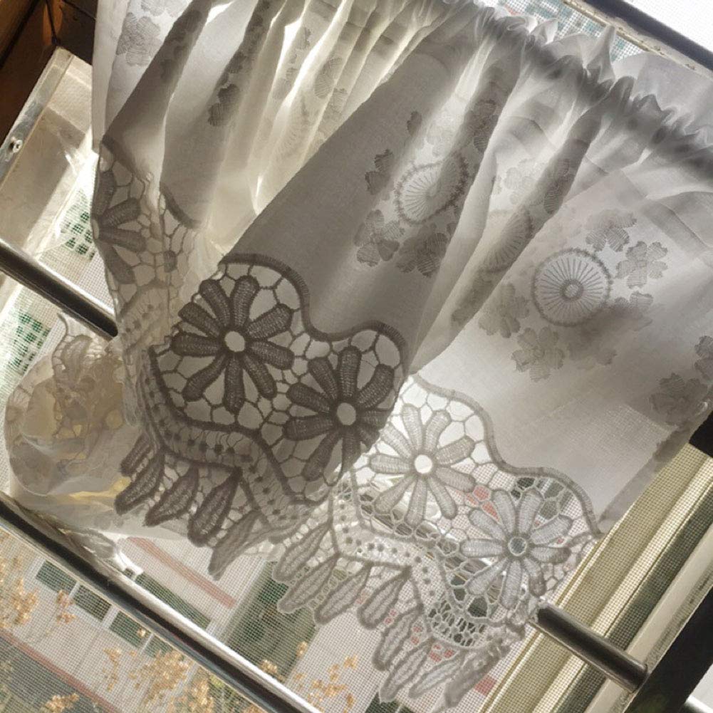 vctops Rideau de fenêtre en coton brodé à motif floral bohème avec cantonnière attachée, rideau de cuisine (149,9 x 83,8 cm, blanc)