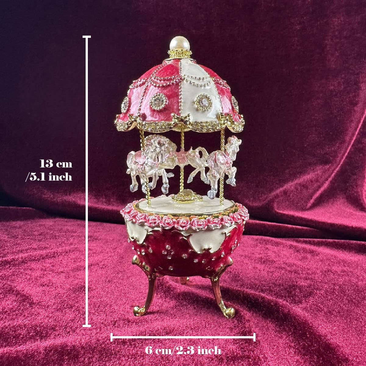 Rotating Carousel Music Box Pearl Dome, Rose Accents, Enameled Craft, Unique Home Decor & Gift Giving - Image 2