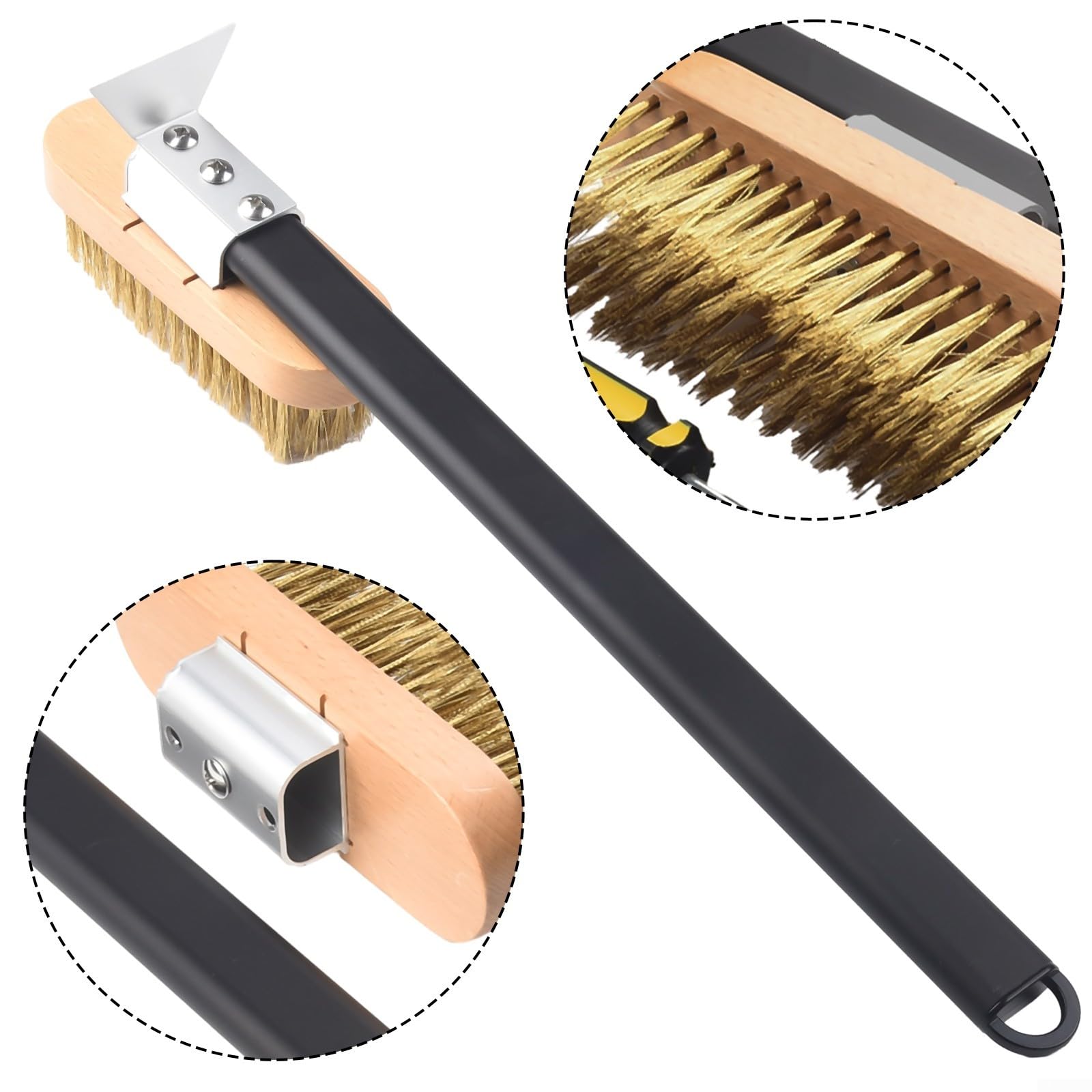 Brosse de four pour pierre à pizza avec racloir, poils en laiton et grattoir en acier inoxydable