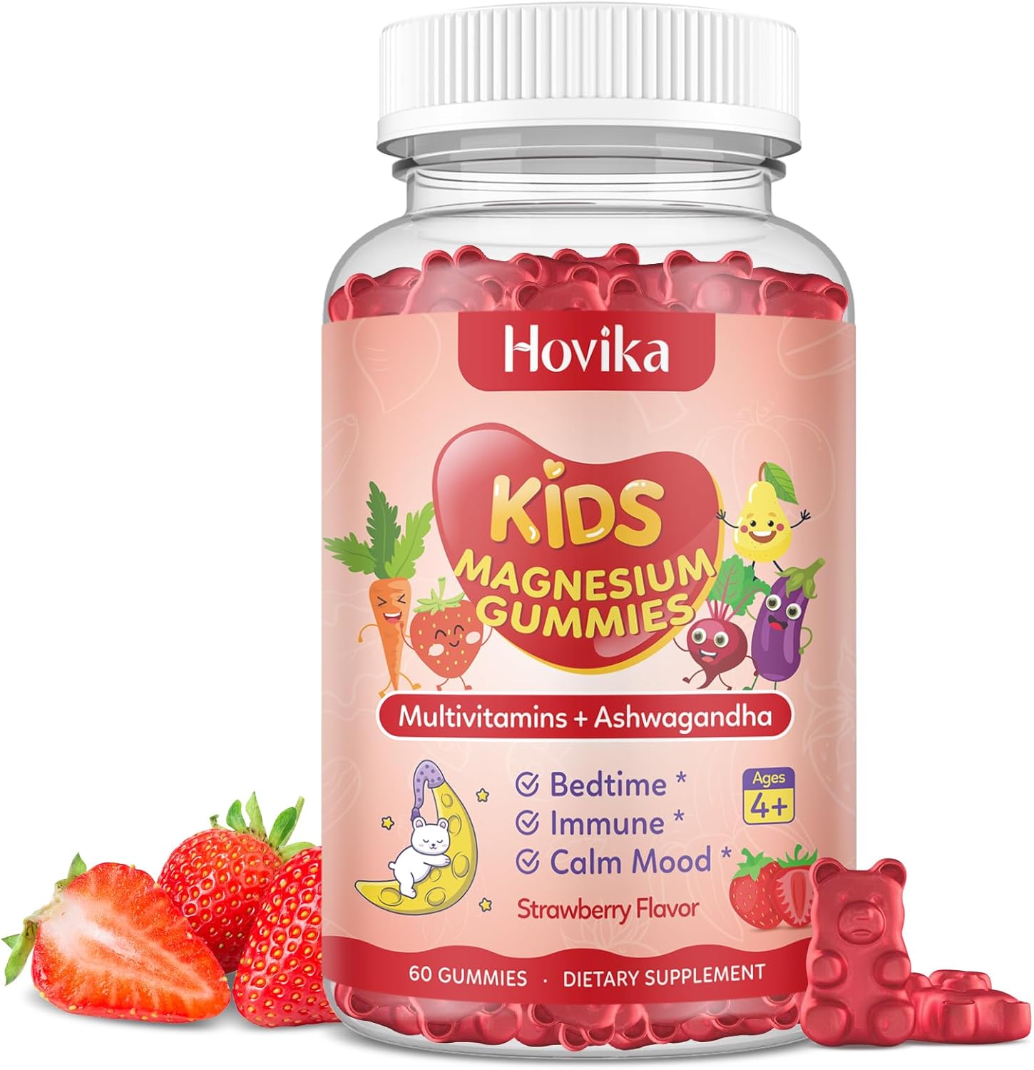 Magnesium Glycinate Gummies for Kids – Magnesium Supplement with L-Theanine, Chamomile & Multivitamins for Kids & Adults Sleep, Calm, Relaxation, Sugar Free Strawberry Flavor 60 Gummies