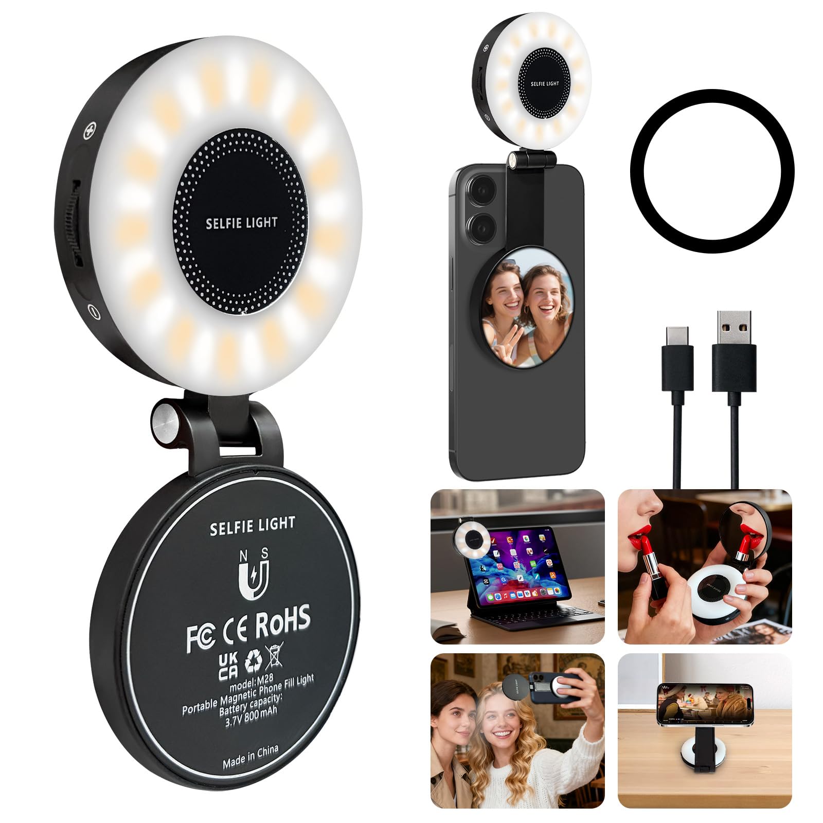 3-in-1 Magnetic Beauty Selfie Light for Phones, with 2.4" Mirror Magnetic Selfie Light, Adjusted 3 Modes, Rechargeable Fill Light for Selfies, for Photography,Makeup,Vlog,TikTok,Video(Black)-image-7