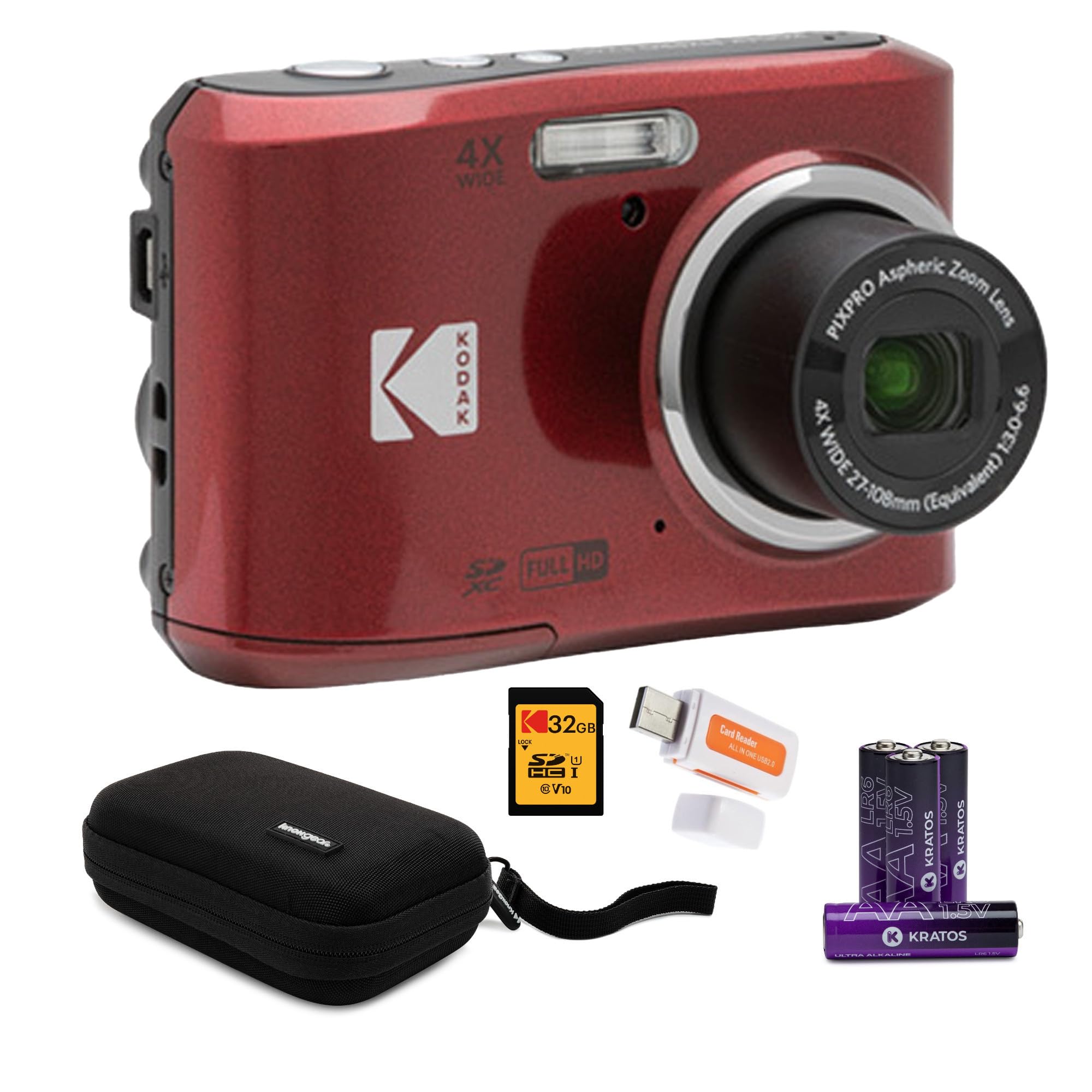 Kodak PIXPRO FZ45 - Fotocamera digitale con zoom amichevole (rosso) scheda memoria 32 GB, organizer viaggio e custodia, batterie alcaline e lettore SD (5 articoli)