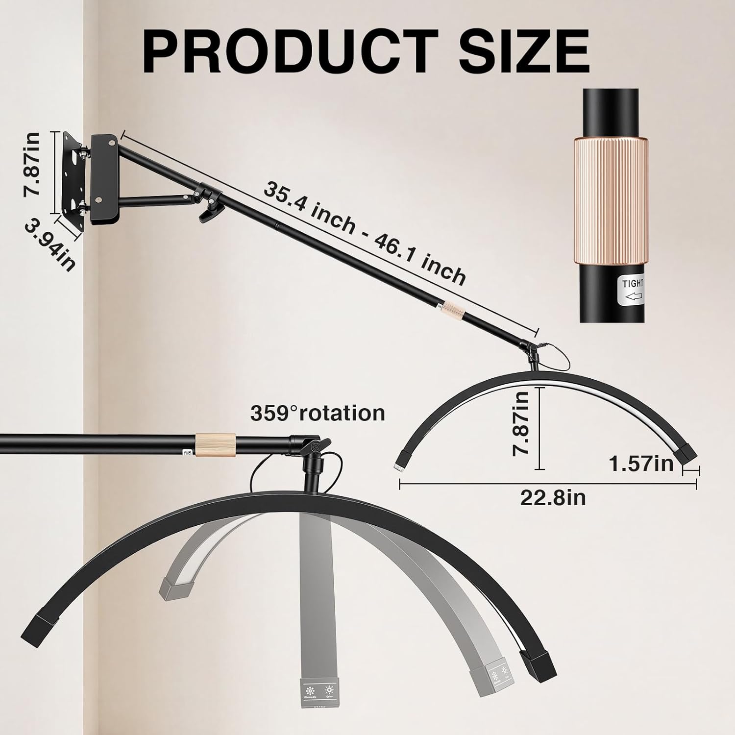 Wall Mount Lash Lamp Half Moon Shaped LED Lash Nail Light Cool/Warm Modes Adjustable Angle and Height for Barbershop Eyelashes Nail Eyebrows Tattoo Hair Salon, with Phone Holder