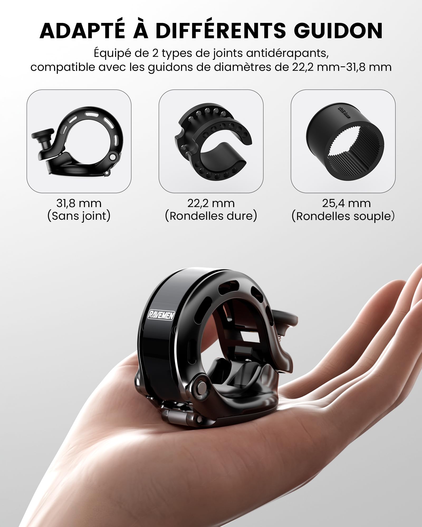 RAVEMEN Q2 Sonnette de Vélo Compatible AirTag 110 DB Antivol Support Guidon 22,2-31,8 mm