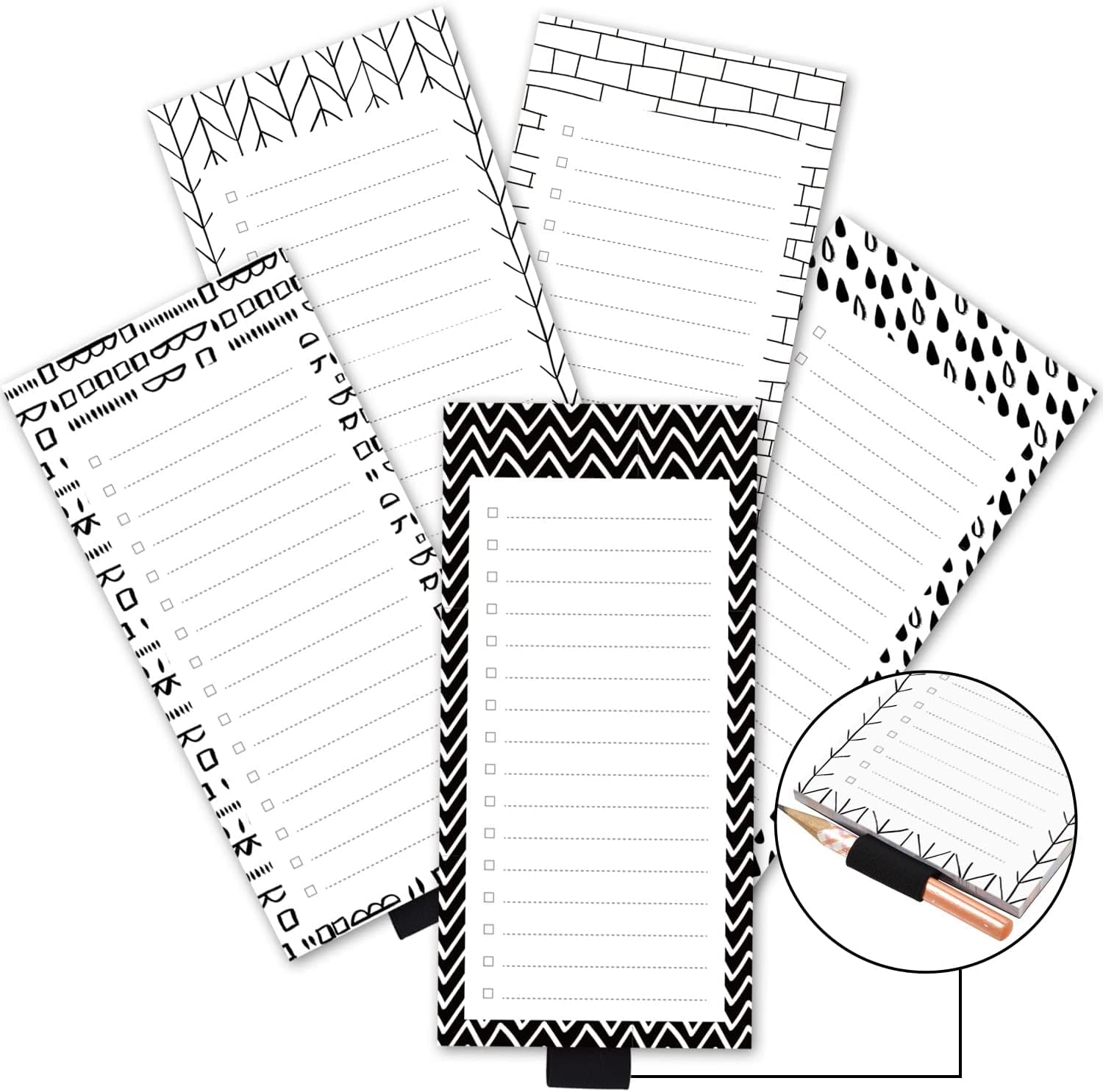 Three Oaks 5 Pack Full Magnetic Scandi Black White Minimalism Notepads for Fridge with Pen Holder,6" x 3", 50 Sheets - Image 3