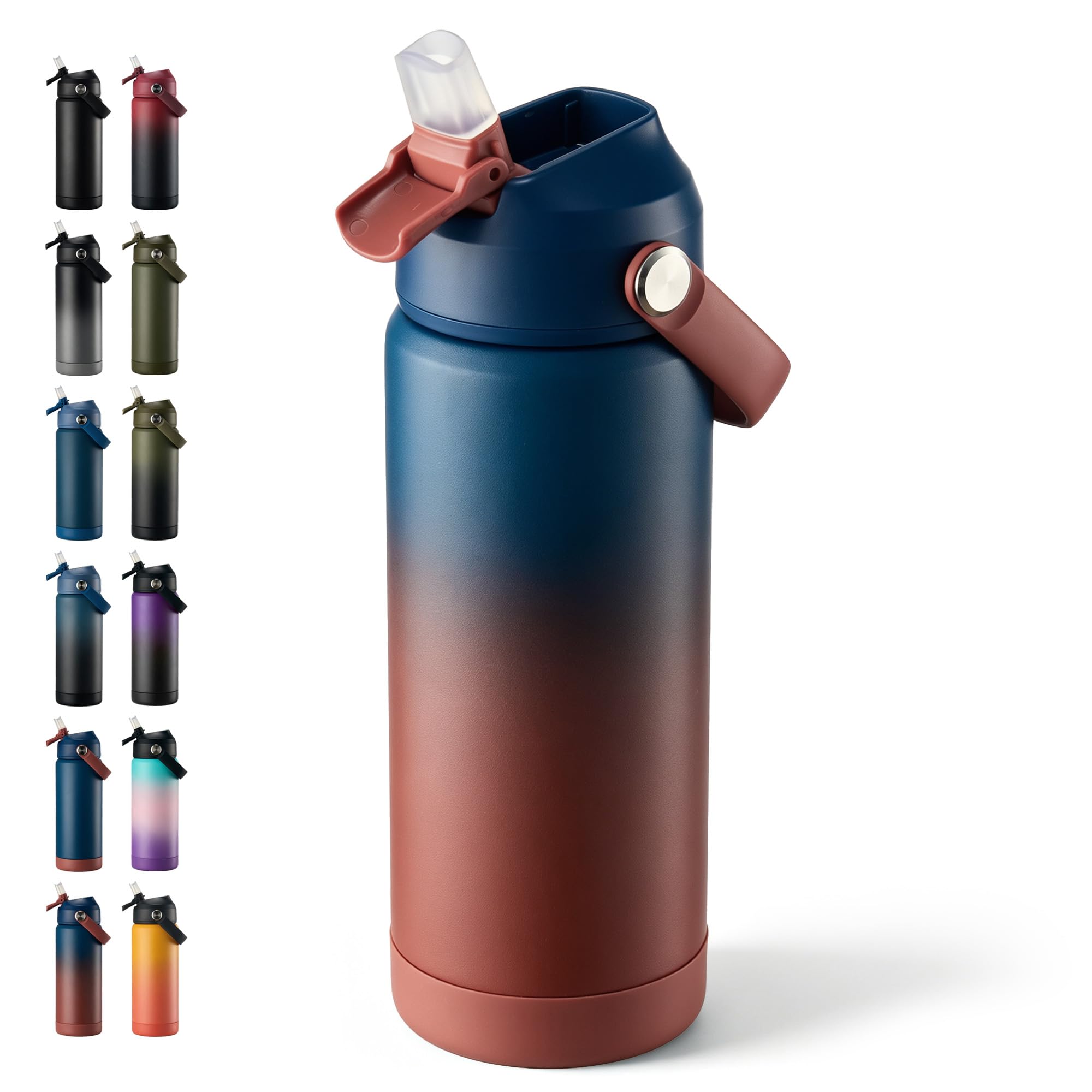 Fijinhom 18 oz Insulated Water Bottle with Straw Lid, Stainless Steel Water Bottles, Double Wall Vacuum, Portable Handle &amp; Non-slip Bottom, BPA Free Leak Proof Metal Bottles, Keep Cold 24H, Blue/Red