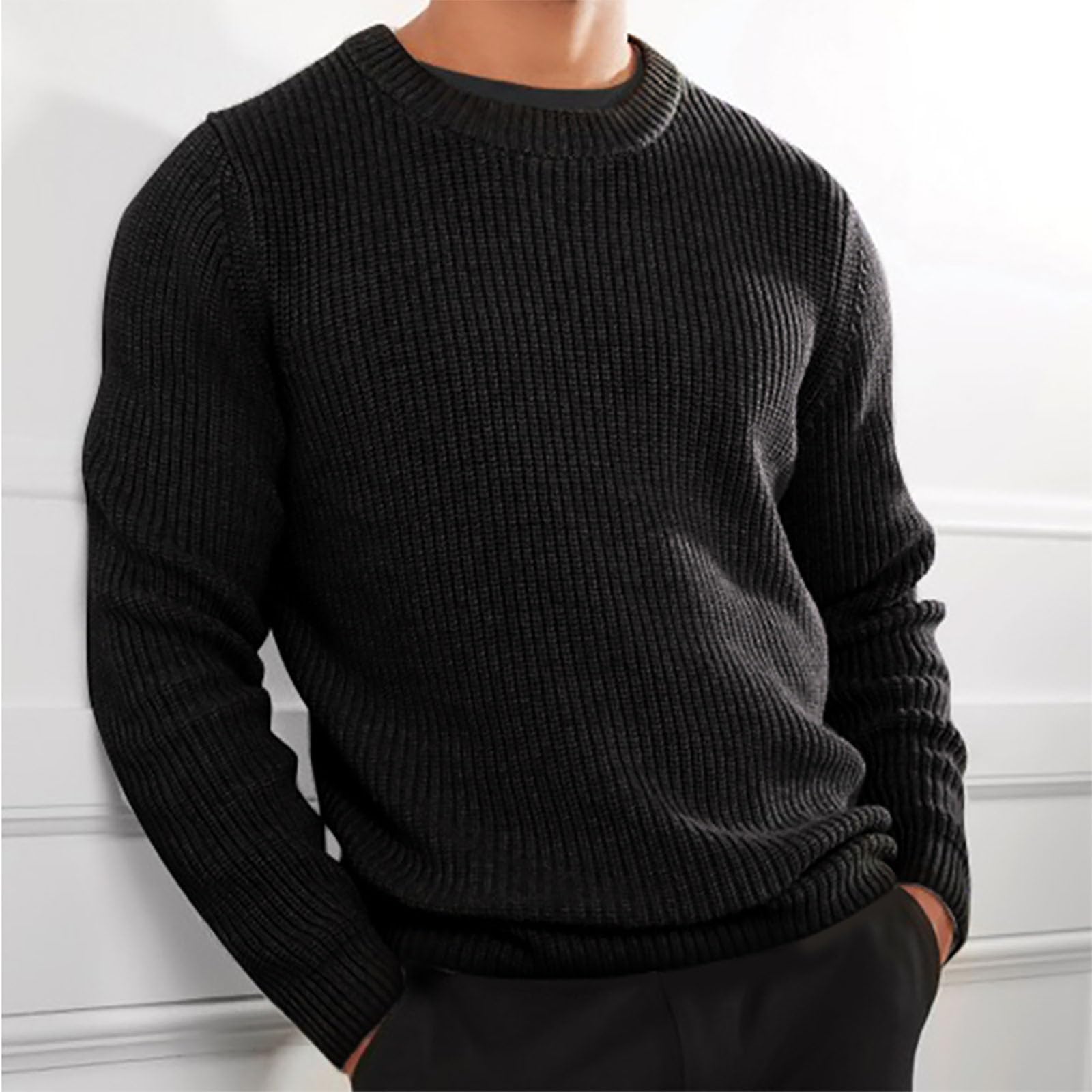 Generisch Jersey básico de trabajo para hombre, monocolor, camiseta de manga larga, jersey de punto fino, jersey de punto de negocios, sin capucha, elegante, manga larga, suéter de invierno, corte