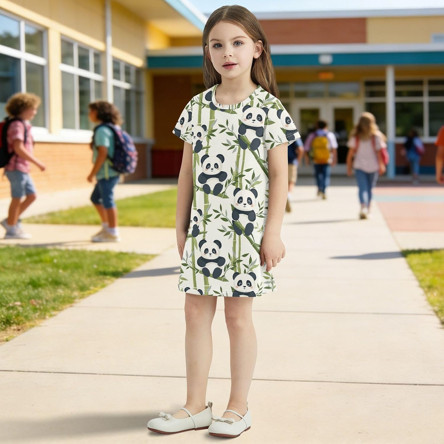 Panda Bamboo Girls Dresses Summer Dresses for Girls with Cotton Short Sleeves for Casual a Line Dress Size 2-8Y