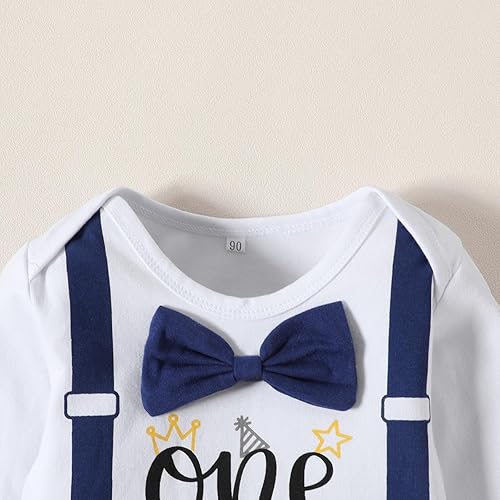 Vista 3 de Traje de primer cumpleaños para niño, traje de pastel para bebé, corbata de lazo, mameluco, tirantes y pantalones de un año para primer cumpleaños