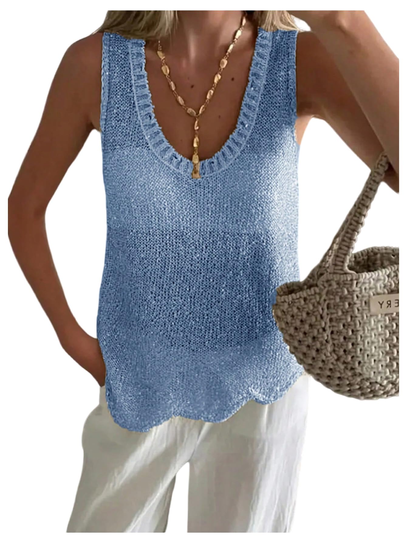 Photo 1 of **Stock Pic for Reference** MakeMeChic Women's Crochet Sparkly Tops Summer Beach Vacation Tank Tops Sleeveless Sweater Vest Blue Large