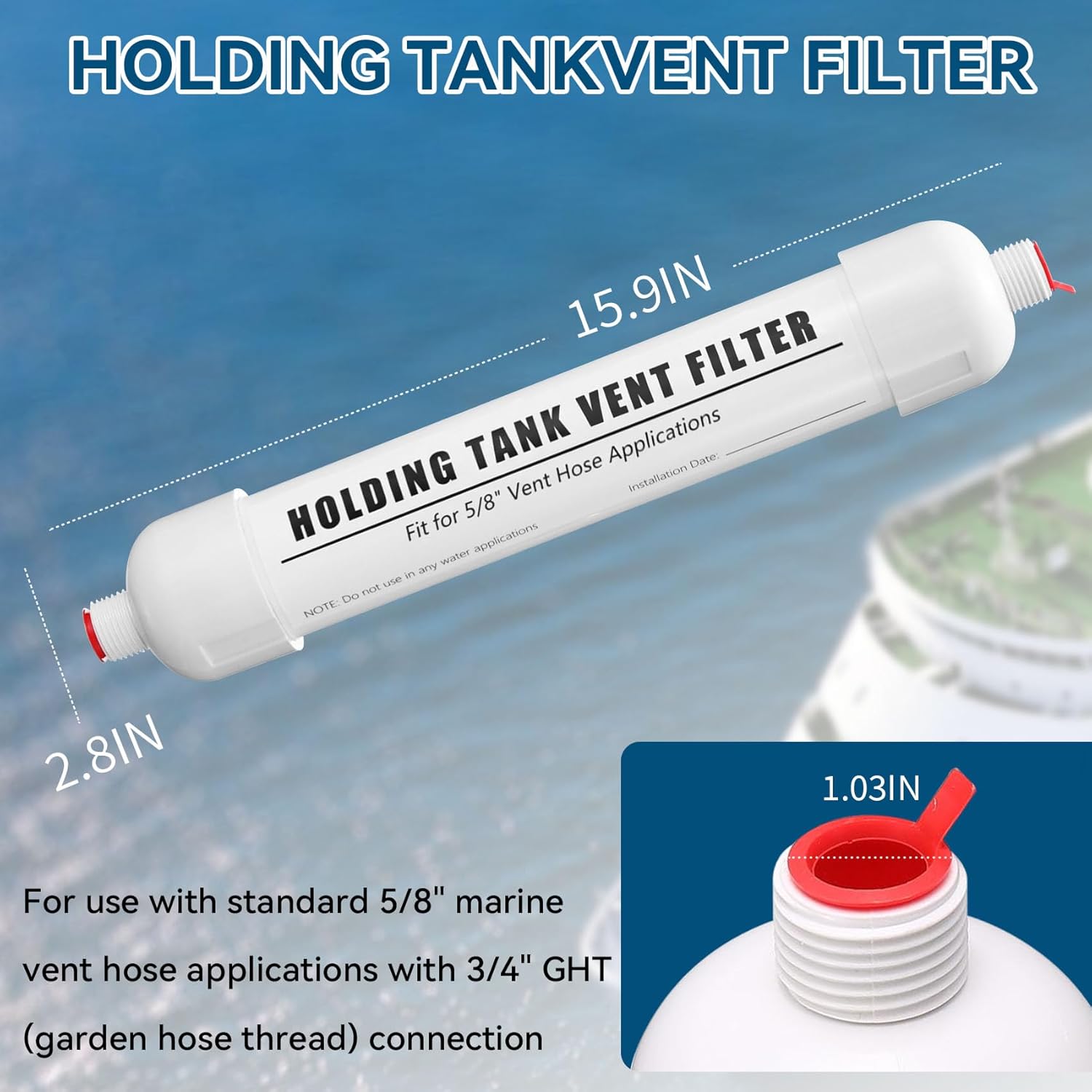 Marine Holding Tank Vent Filter 5/8" – Compatible with Dometic, SeaLand, SaniGuard, ECO & DVF – Boat Waste Vent Filter with Coconut Shell Activated Carbon, Odor Control, Direct Replacement