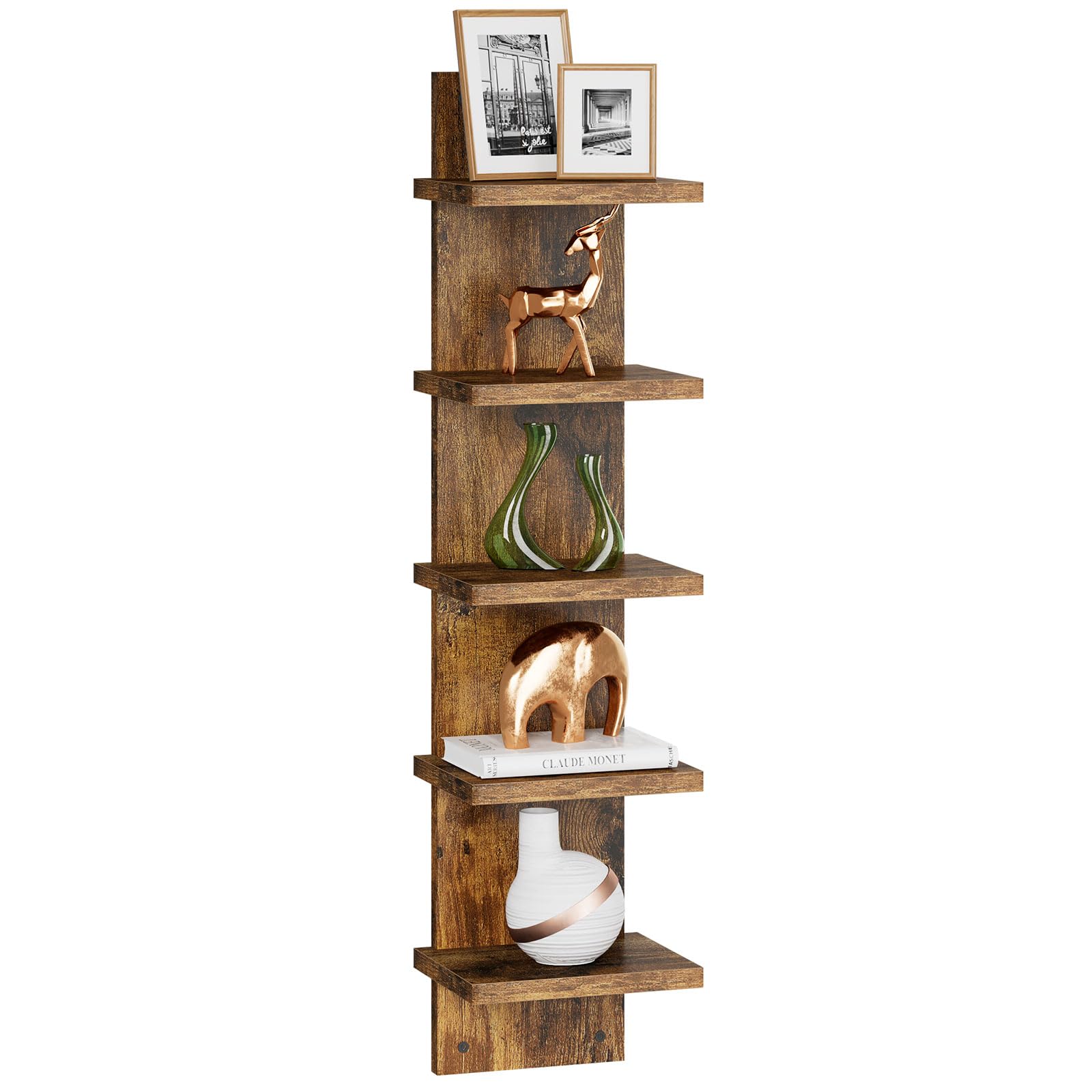 IBUYKE 5 Tier Wall Shelf Unit,Brown Vertical Shelf,Decorative Wall Mount Vertical Shelving for Home, Bedroom,Living Room,Office Decor WBC009H