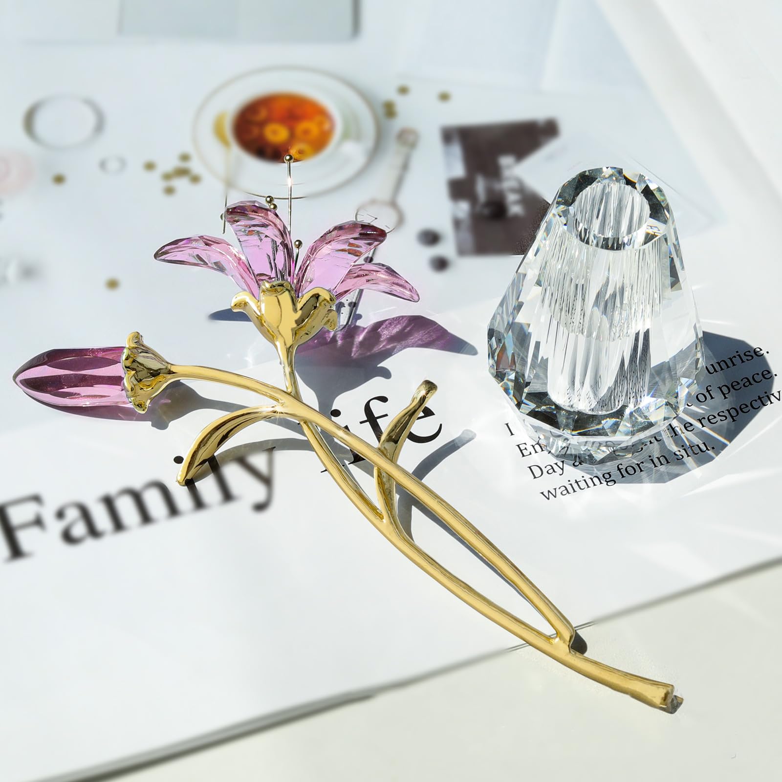 Pink Crystal Lily Flower Collectible Figurines Ornaments, Glass Flowers with Stems - Image 4