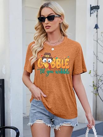 Gobble Gobble Thanksgiving T-Shirt Women Funny Turkey Graphic Print Shirts Thanksgiving Gift Fall Tee Top