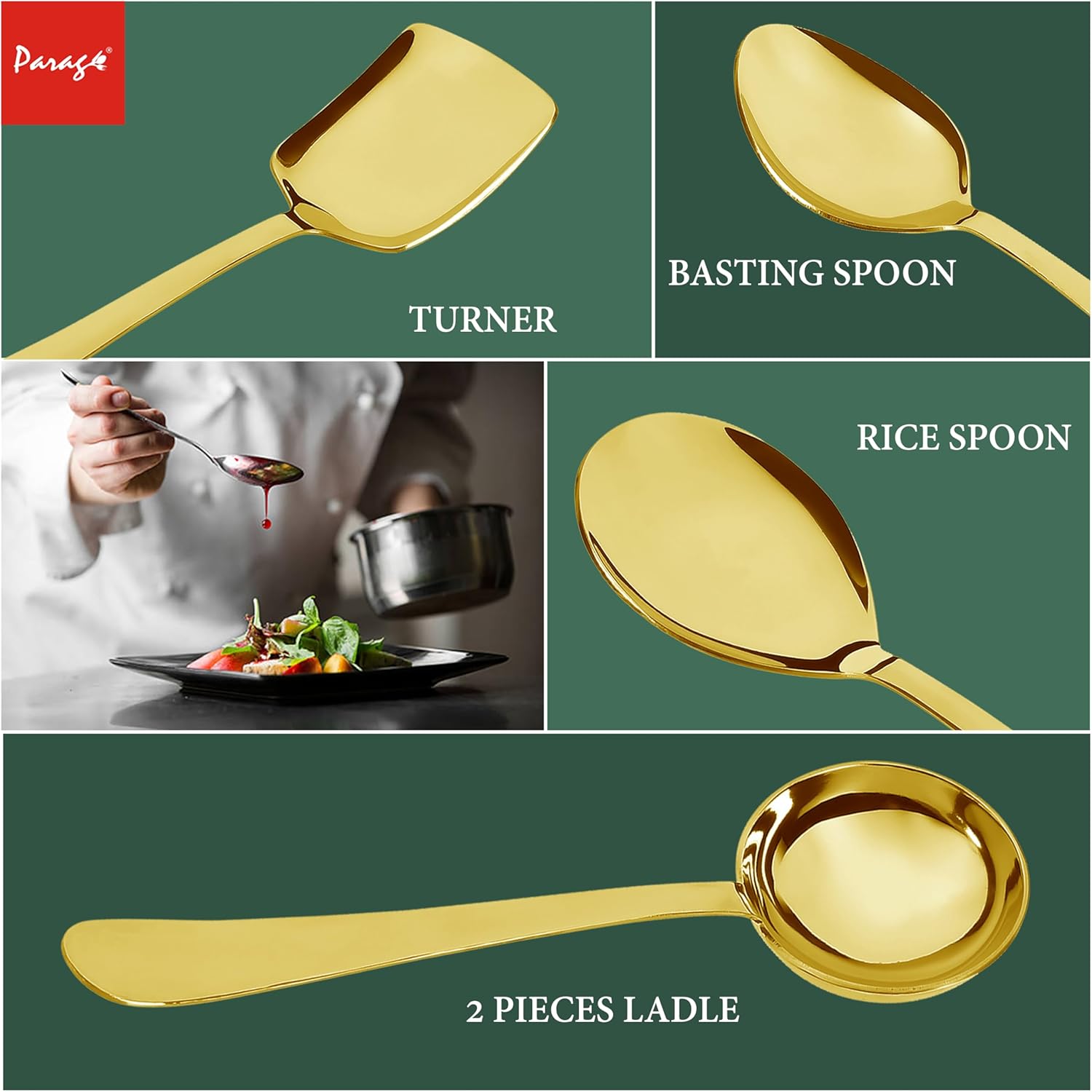 5 Pieces Stainless Steel Gold Serving Spoons Set for Dining Table/Kitchen, 1.8 mm Heavy Gauge (2 Soup Ladle (Karchi), 1 Solid Spoon (Chamcha), 1 Rice/Serving Spoons, 1 Basting Spoon), PVD Gold