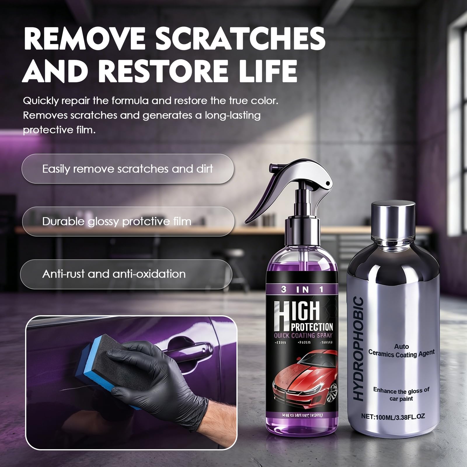 Reparador Arañazos & Pulido Cerámico Coche, 2026 NEW 2-en-1 Quita Arañazos Coche Kit, Paño Microfibra y Esponja Pulidora Para Arañazos y Brillo Intenso, Apto Para Todas las Pinturas
