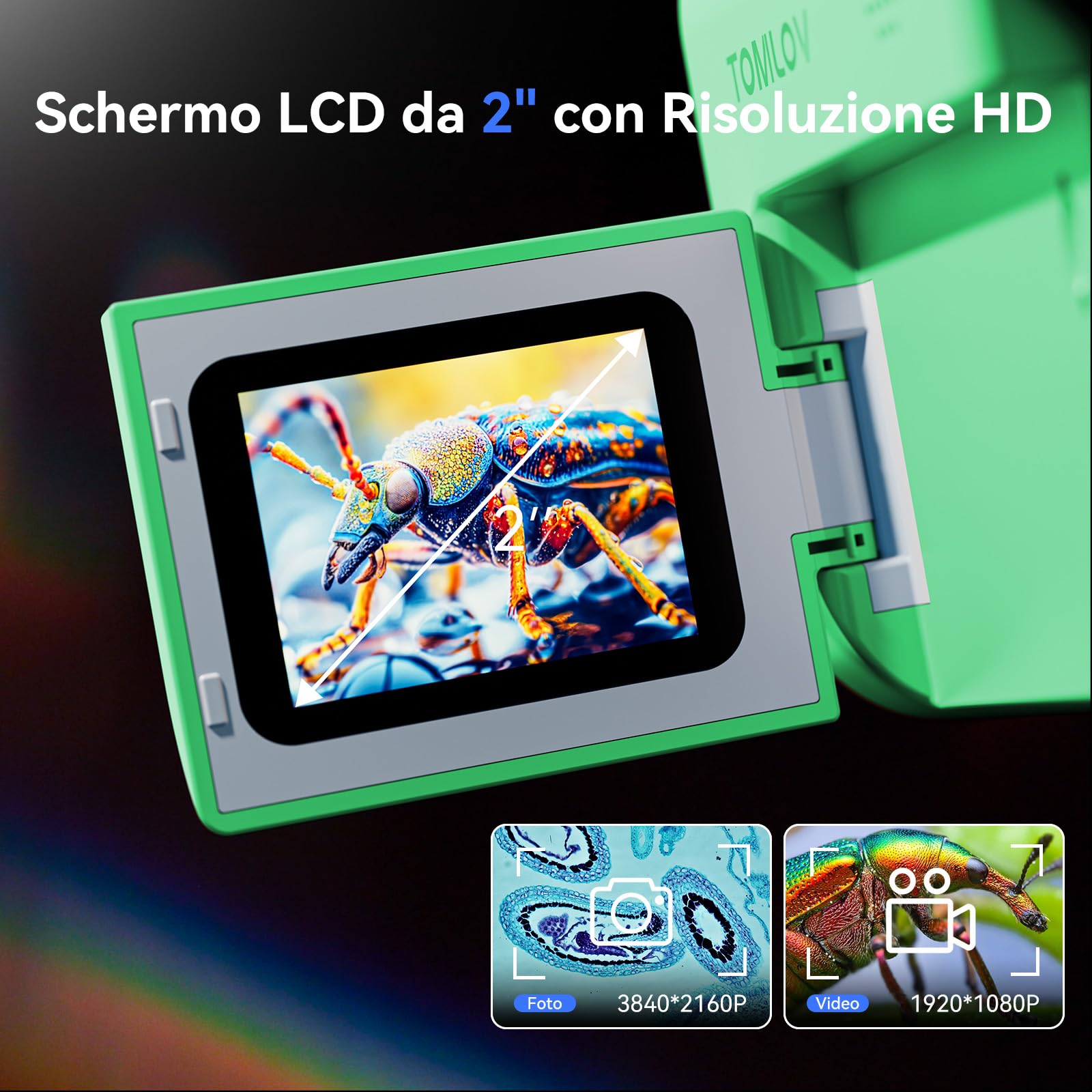 TOMLOV P20 Microscopio Digitale Portatile, Miniscopio 3-in-1 per Bambini, Telecamera DV 1080P con Schermo LCD da 2", Compatibile con PC, 4 Ore di Autonomia, 6 Luci LED, 6 Vetrini, 32GB (Verde)