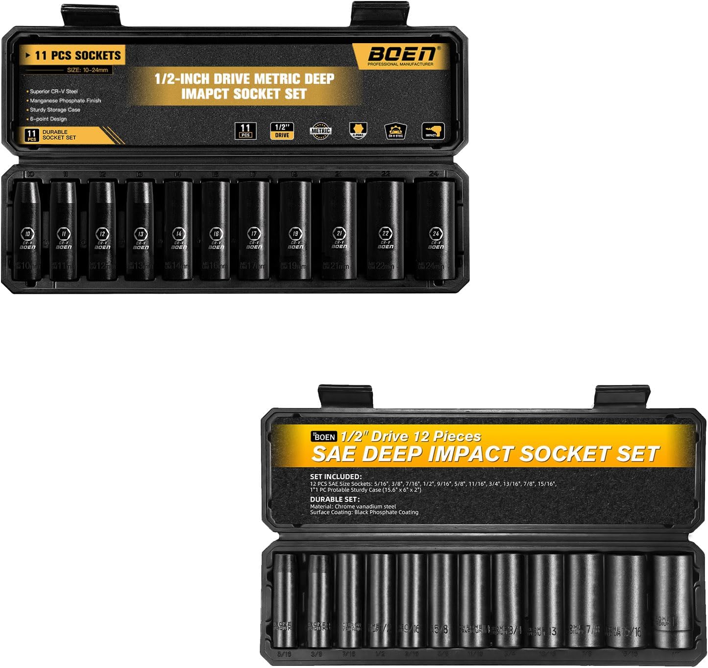 BOEN 1/2" Drive Deep Impact Socket Set, 23 Pieces Socket Set | SAE 5/16" to 1"| Metric, 6 Point Design, Cr-V Steel, Portable Storage Case