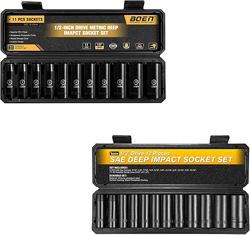BOEN Juego de llaves de vaso de impacto profundo de 1/2 pulgada, juego de 23 piezas | SAE 5/16 pulgadas a 1 pulgada | métrico, diseño de 6 puntos,