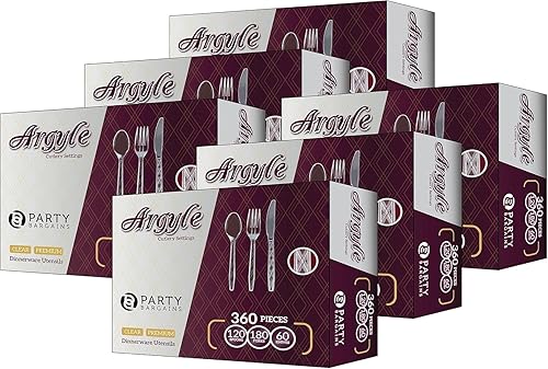 Party Bargains - Cubiertos de plástico transparente 2,160 piezas 1,080 tenedores, 720 cucharas, 360 cuchillos. Argyle Design - Juego de cubiertos