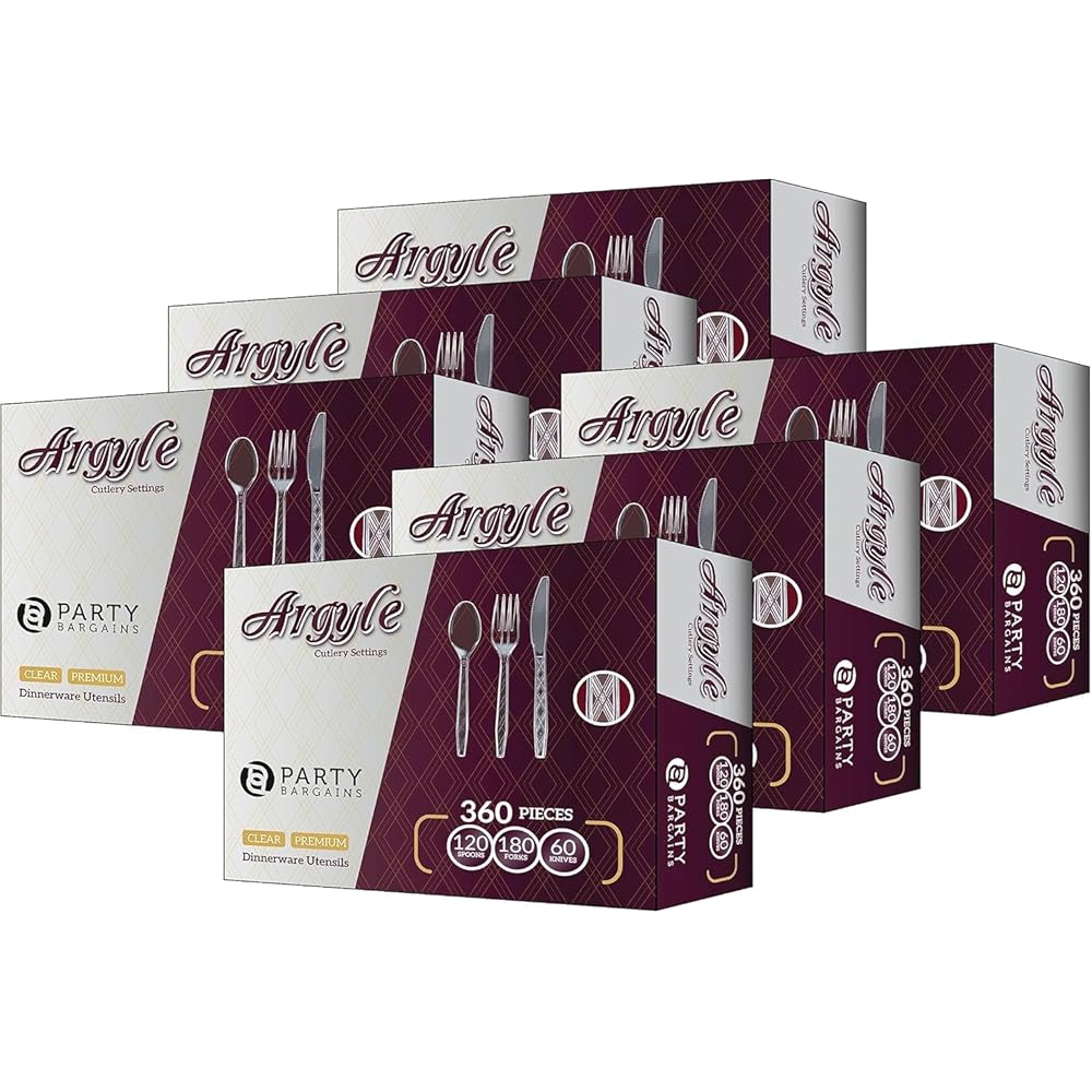 Party Bargains Clear Plastic Cutlery 2160 pcs: 1080 Forks, 720 Spoons, 360 Knives. Argyle Design, Heavy Duty & Solid Disposable Silverware Utensils Combo Pack Set for Weddings, Buffets, Luncheons