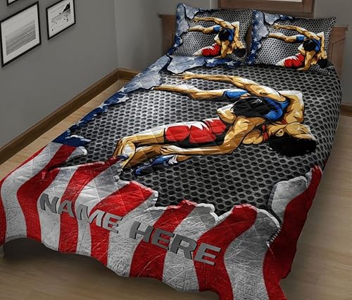 Miniatura 5 de Regalo personalizado para amantes del deporte de la lucha libre, con bandera estadounidense, con número de nombre, manta y fundas de almohada, juego