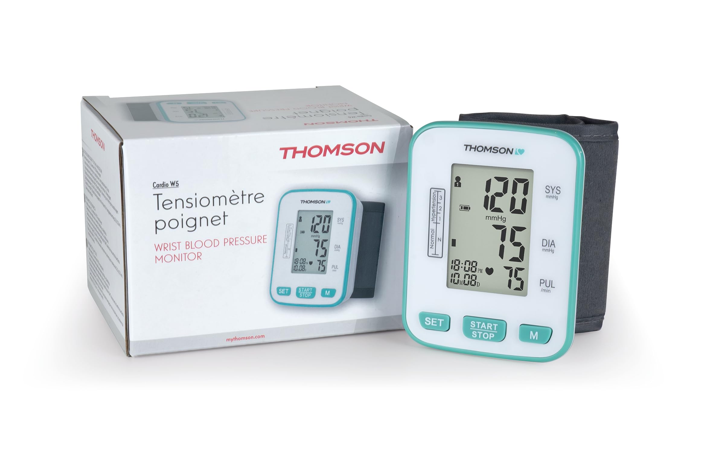 THOMSON Tensiomètre Poignet Cardio W5 – Mesure Automatique Électronique Précise – Détection d'Arythmie – 2x60 Mémoires – Compact – Certifié CE MDR (UE 2017/745)