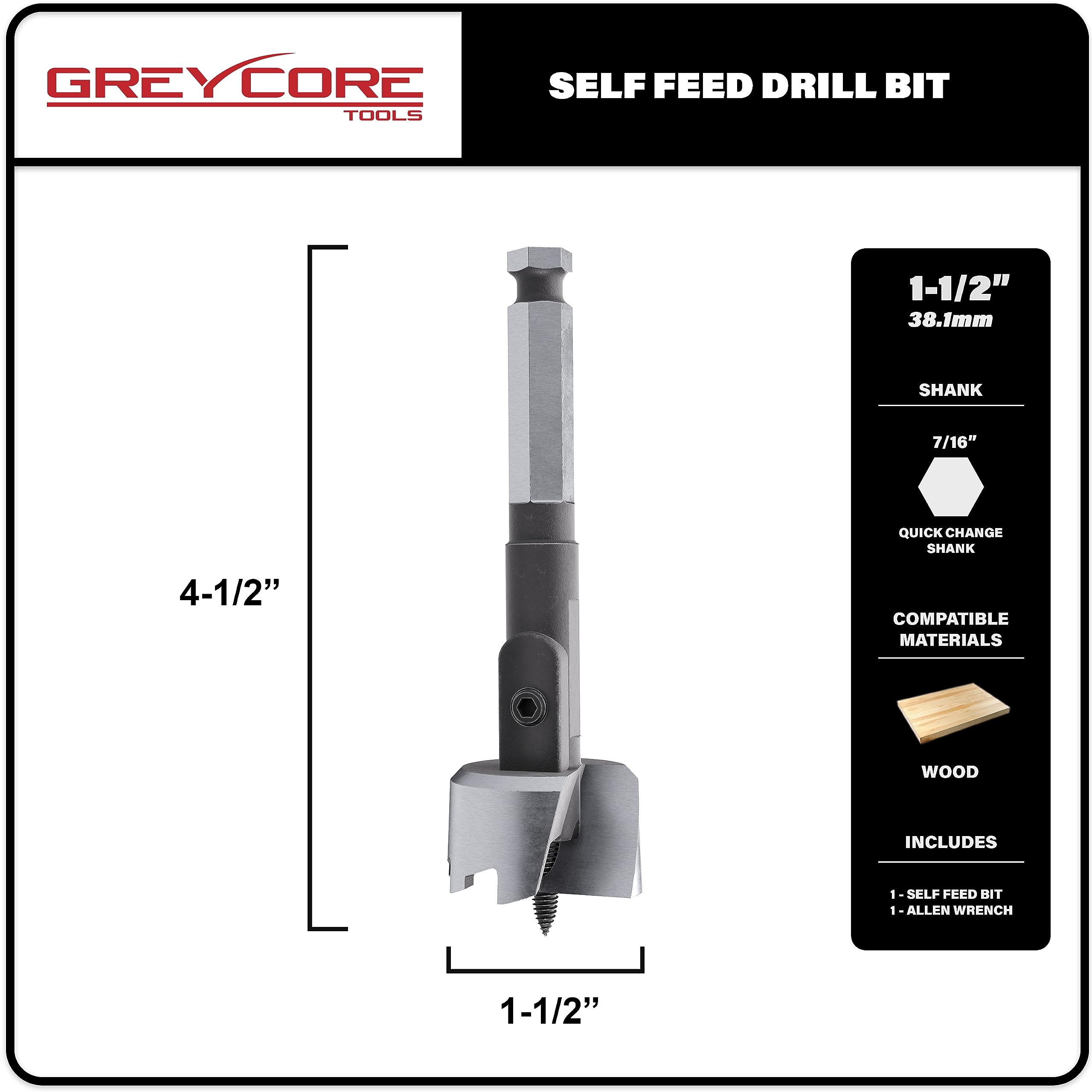 Greycore Tools Self-Feed Drill Bit – Single-Cutter Self Feed Drill 1-1/2 Inch – Professional Boring Drill Bits for Woodworking – Aggressive Feed Screw Thread for Fast and Smooth Drilling — Amazon image 2