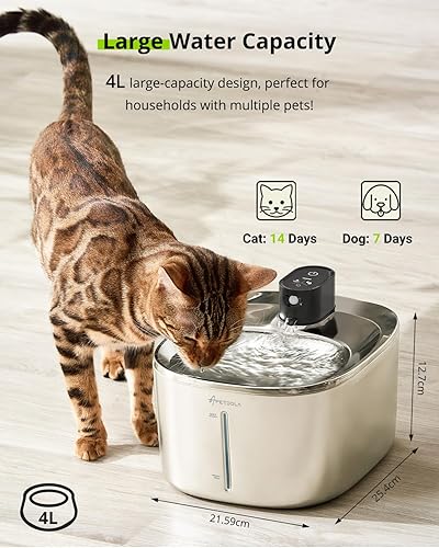 Miniatura 8 de Fuente de agua inalámbrica para gatos de acero inoxidable, 135 floz4 L, fuente automática para mascotas, dispensador de agua inalámbrico para gatos,
