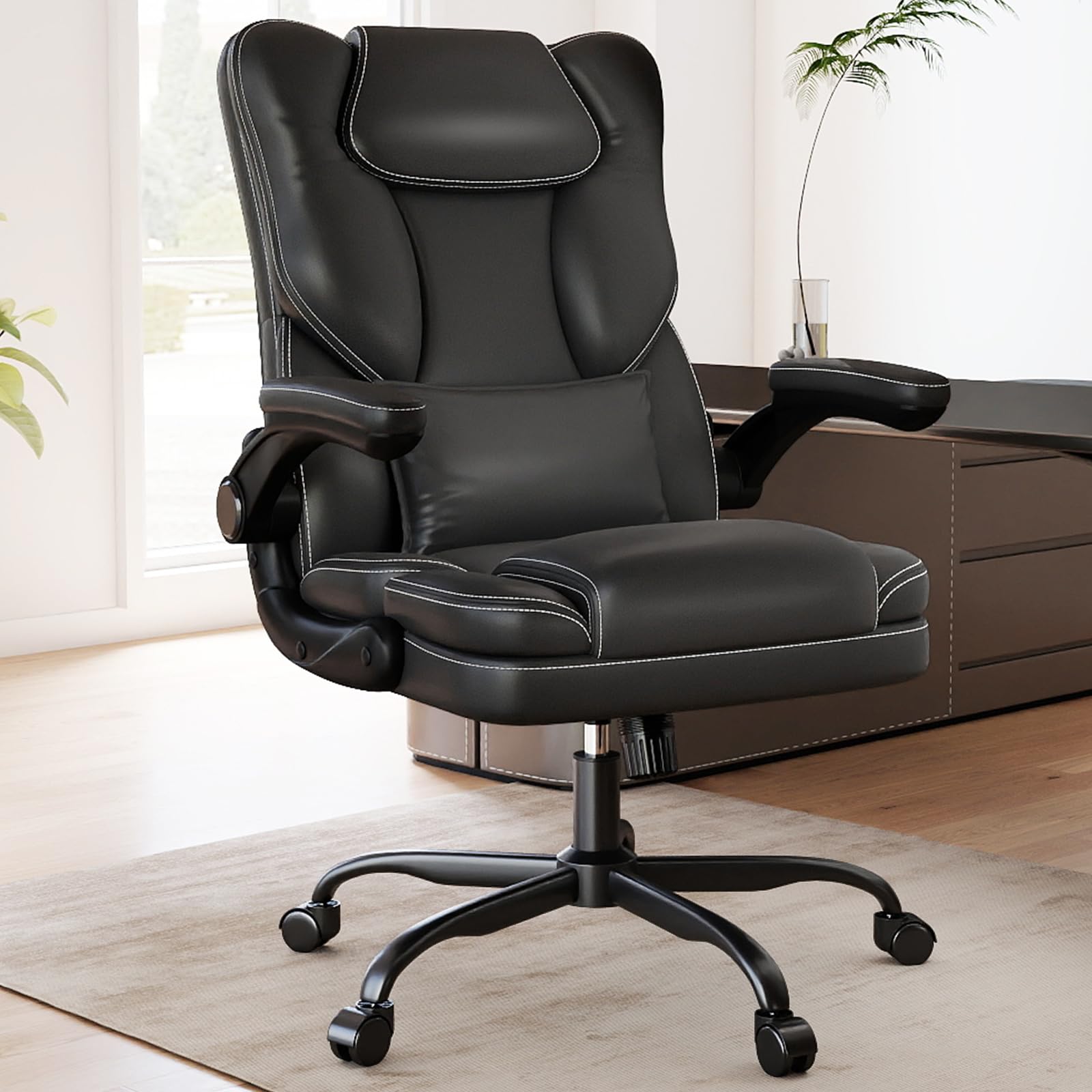 Ergonomic Office Chair with Flip-up Armrests 300lbs Middle-Tall Computer Office Desk Chair with Lumbar Support Executive Leather Chair