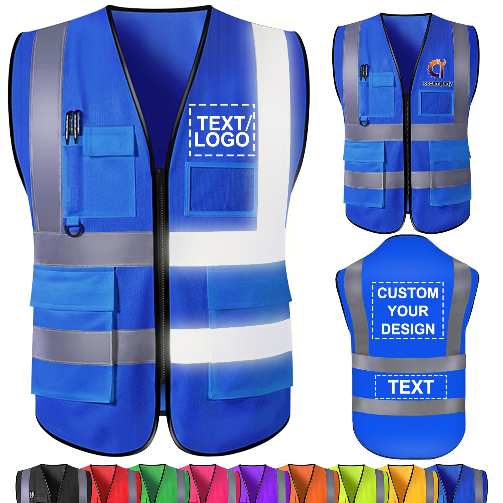 Custom Safety Vest with Name Logo Text Personalized High Visibility Reflective Vests with Pockets Customized Work Vest for Men Construction Employee 4X-Large Blue