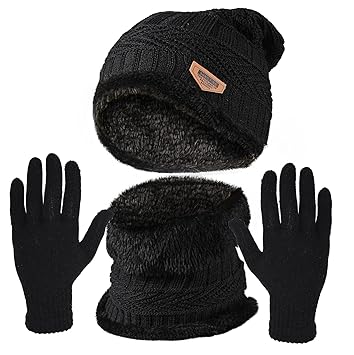 HACER Camping Knit Beanie Neck Warmer & Gloves Set Thick Fleece Lining Winter Knitted Hat Scarf Woollen Mittens for Men Women Outdoor Travel Hiking (Pack of 1, Random Color) - image, photos