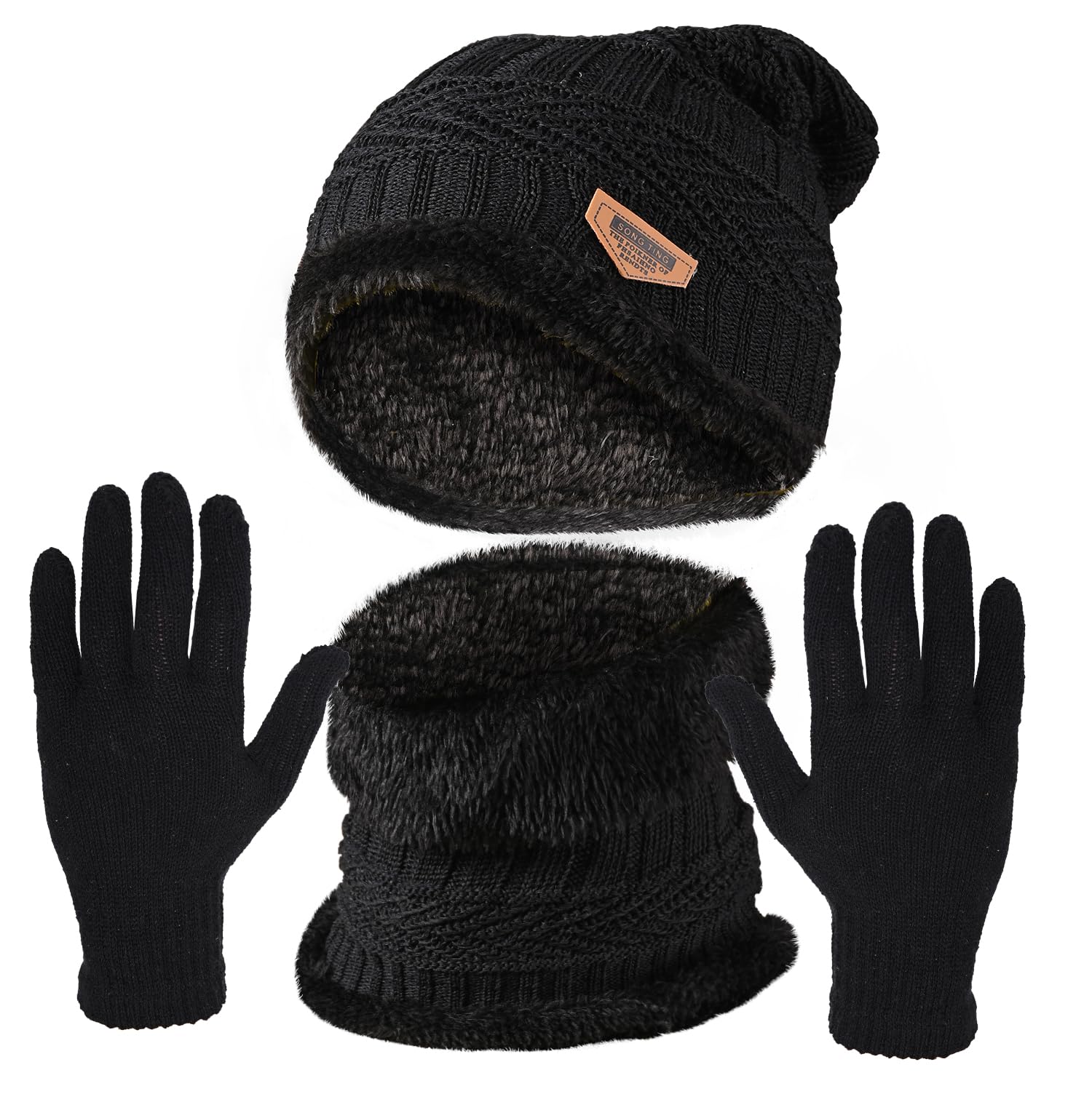 HACER Camping Knit Beanie Neck Warmer & Gloves Set Thick Fleece Lining Winter Knitted Hat Scarf Woollen Mittens for Men Women Outdoor Travel Hiking (Pack of 1, Random Color)-picture-3