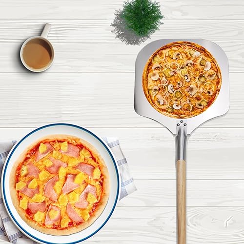 Miniatura 4 de Pala de pizza de aluminio, espátula de pizza de 12 x 14 pulgadas con rueda cortadora de pizza, paleta de pizza con mango de madera desmontable de