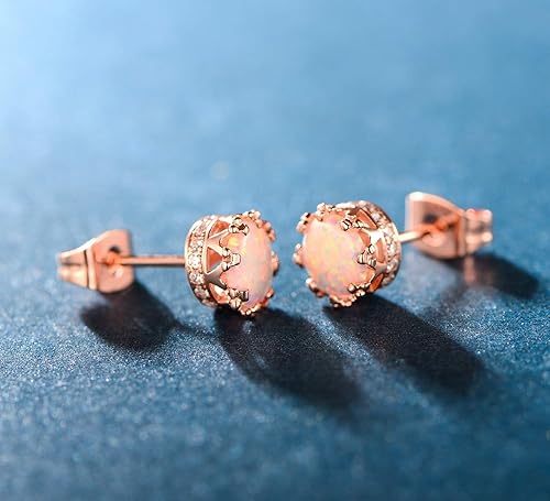 Miniatura 5 de MDFUN Aretes redondos de piedra natal con corona brillante chapada en oro rosa de 0236in