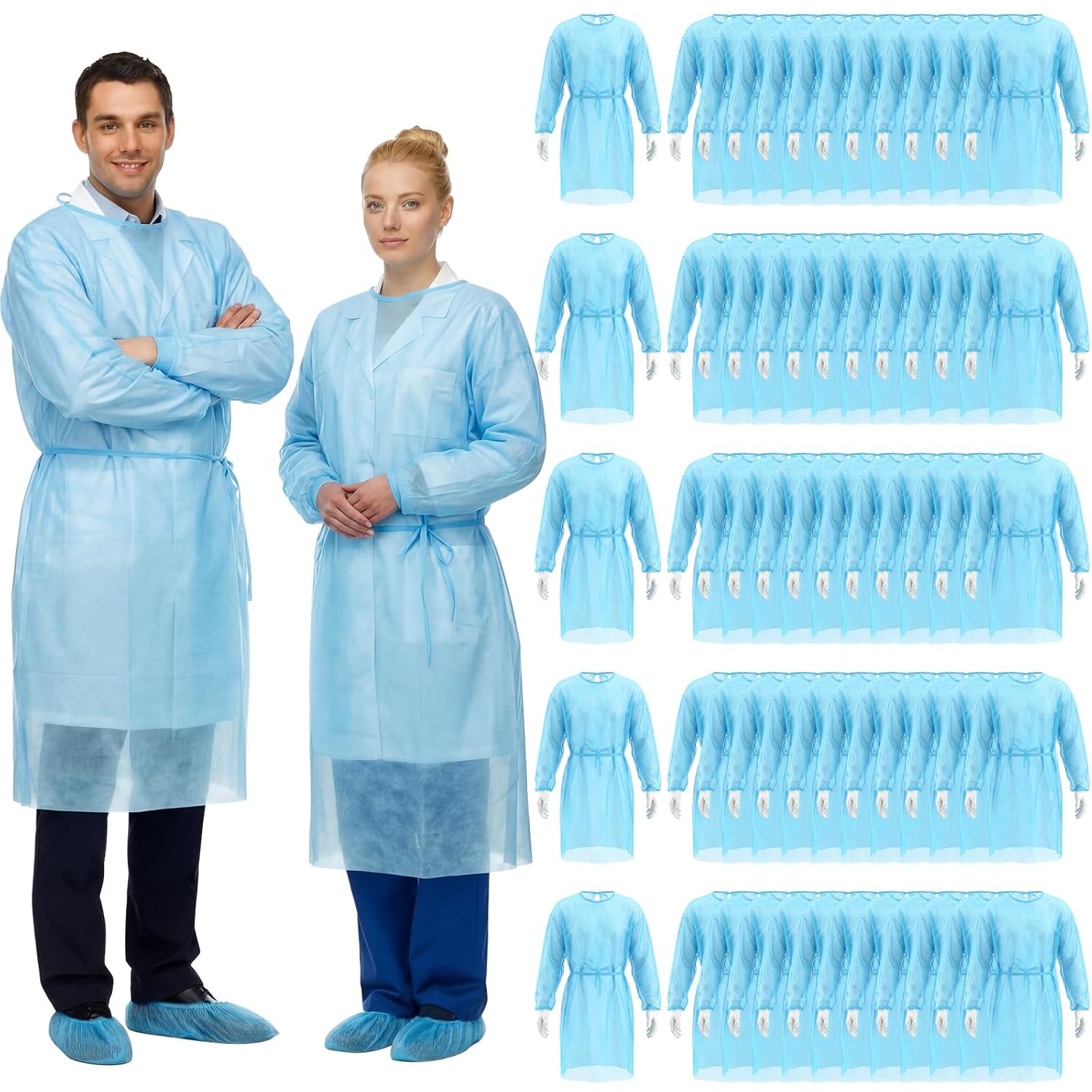 TrelaCo 60 Pcs Blue Disposable Isolation Gowns PPE Disposable Gowns Bulk Fully Closed Double Tie Back Elastic Cuffs for Home Isolation Labs Dental Beauty Agencies Women Men Adult Unisex