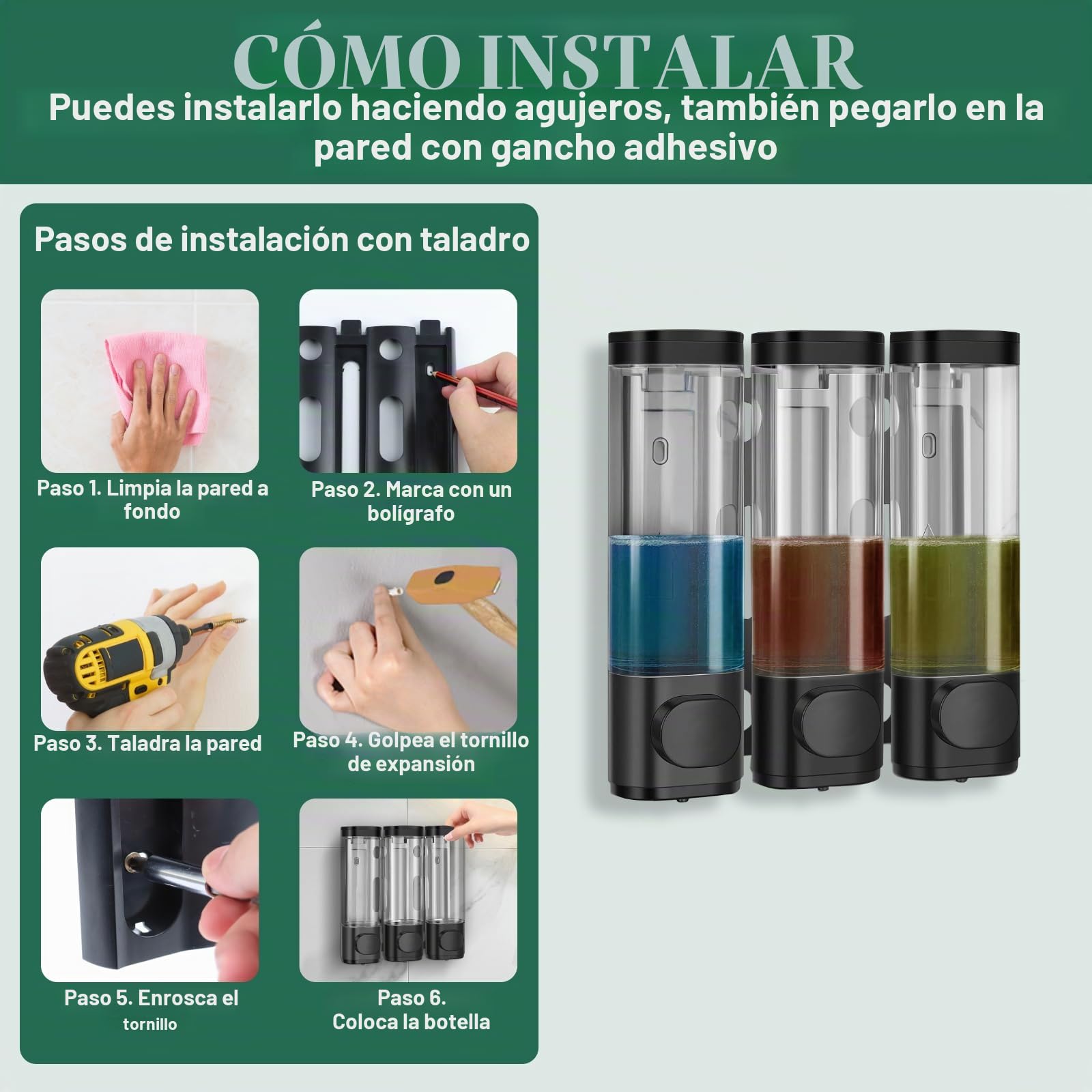 Dispensador De JabóN De Pared - 3 X 300 Ml Dosificador De JabóN LíQuido para FijacióN En Pared, Negro Resistencia A La CorrosióN Dispensador Adhesivo De Pared para Casa, Hotel, BañO, Ducha