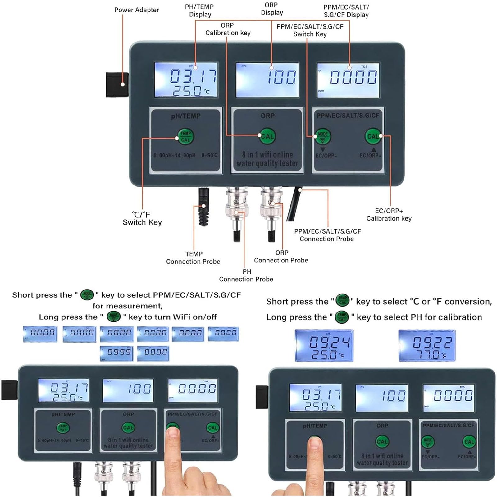Tester di qualità dell'Acqua, PH Meter PH/EC/TDS/Salt/S.G/CF/ORP/Temp Monitoraggio WiFi App per Acquari Piscina Idroponica Fonti d'Acqua Acquario Idroponica