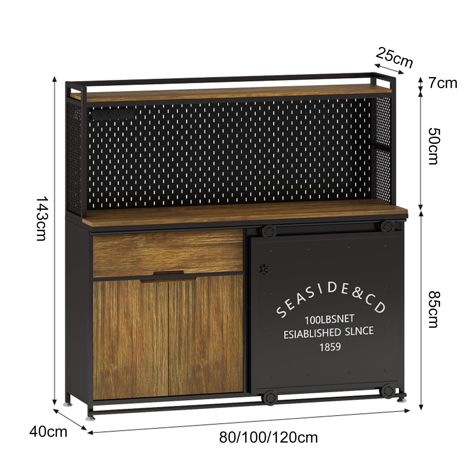 Meuble de Cuisine avec Plan de Travail, Meuble de Bar à Café de Ferme, Étagère de Boulanger en Bois, Panneau Perforé Suspendu DIY, Portes D'armoires Coulissantes