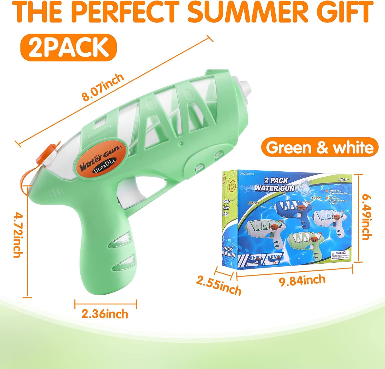Small Water Gun for Kids, Ucradle 2 Pack Long Range Squirt Gun for Dogs Cats Training, 200CC Toddlers Boys Girls Mini Water Blaster for Pool Beach Yard Outdoor Toys (Green & White) : Toys & Games