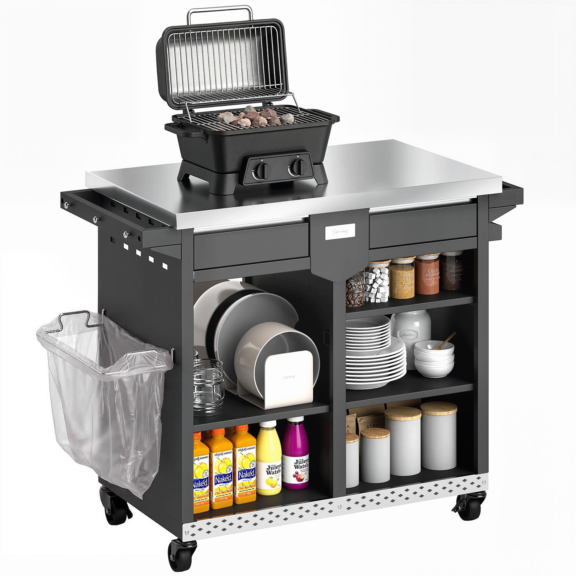 Outsunny Carrito de barbacoa de 5 niveles, mesa de barbacoa con superficie de trabajo de acero inoxidable, ajustable, estantes, cajón, ruedas, soporte para especias, soporte para bolsas de basura
