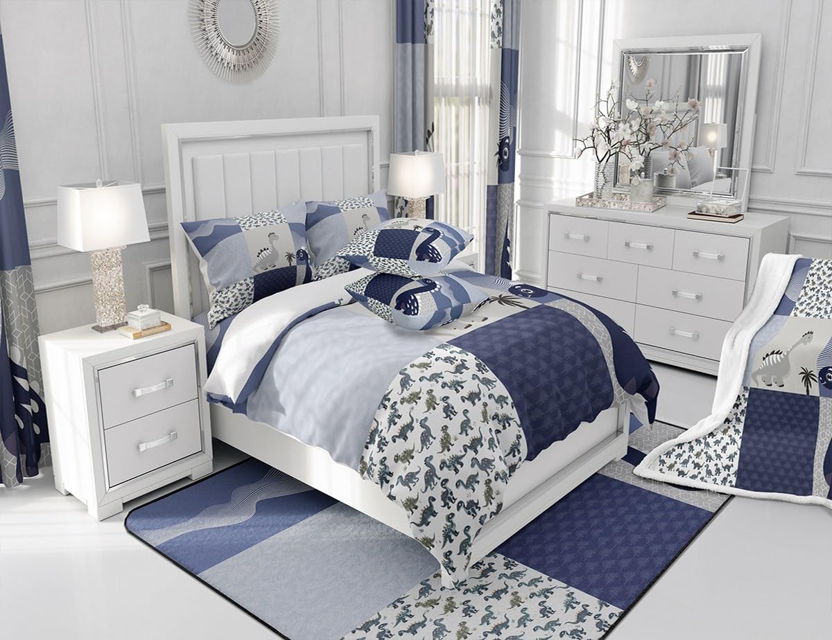 Feelyou Cute Dinosaur Comforter Set Full Geometric Bedding Set for Kids Wildlife Comforter Women Men Teens Ultra Soft Decor Navy Blue Quilt Set