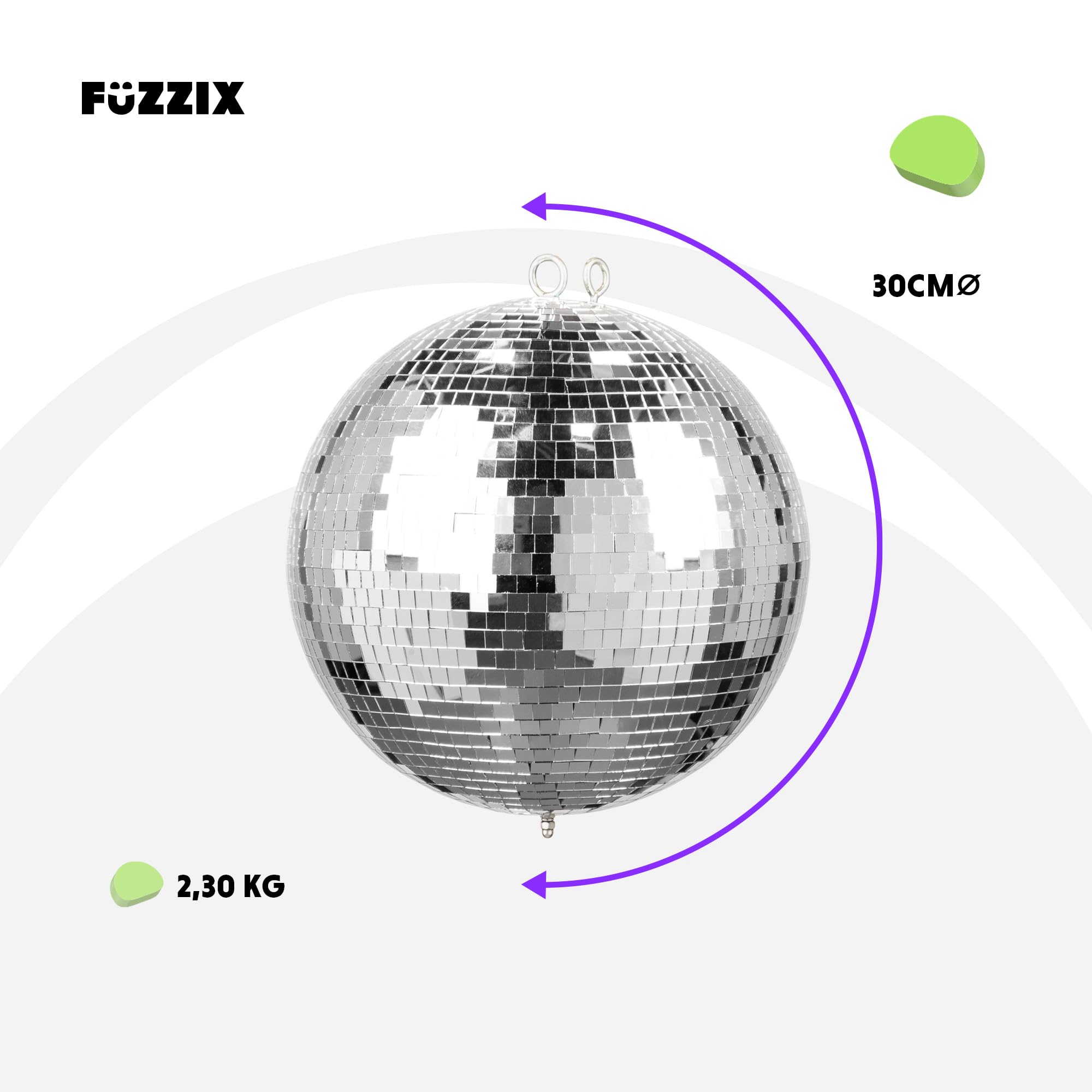 Fuzzix MB30ML Bola Disco. Bola de espejos a pilas de 30cm con motor LED giratorio. Bola de discoteca para colgar con LEDs. Ideal para discoteca, cumpleaños, boda, fiestas, salón de baile.