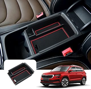 LFOTPP Compatible with Skod-a Karoq 2018-2023 Centre Console Armrest Organiser Storage Box Accessories, Karoq Glove Box Storage Tray with Non-Slip Mat (Red)